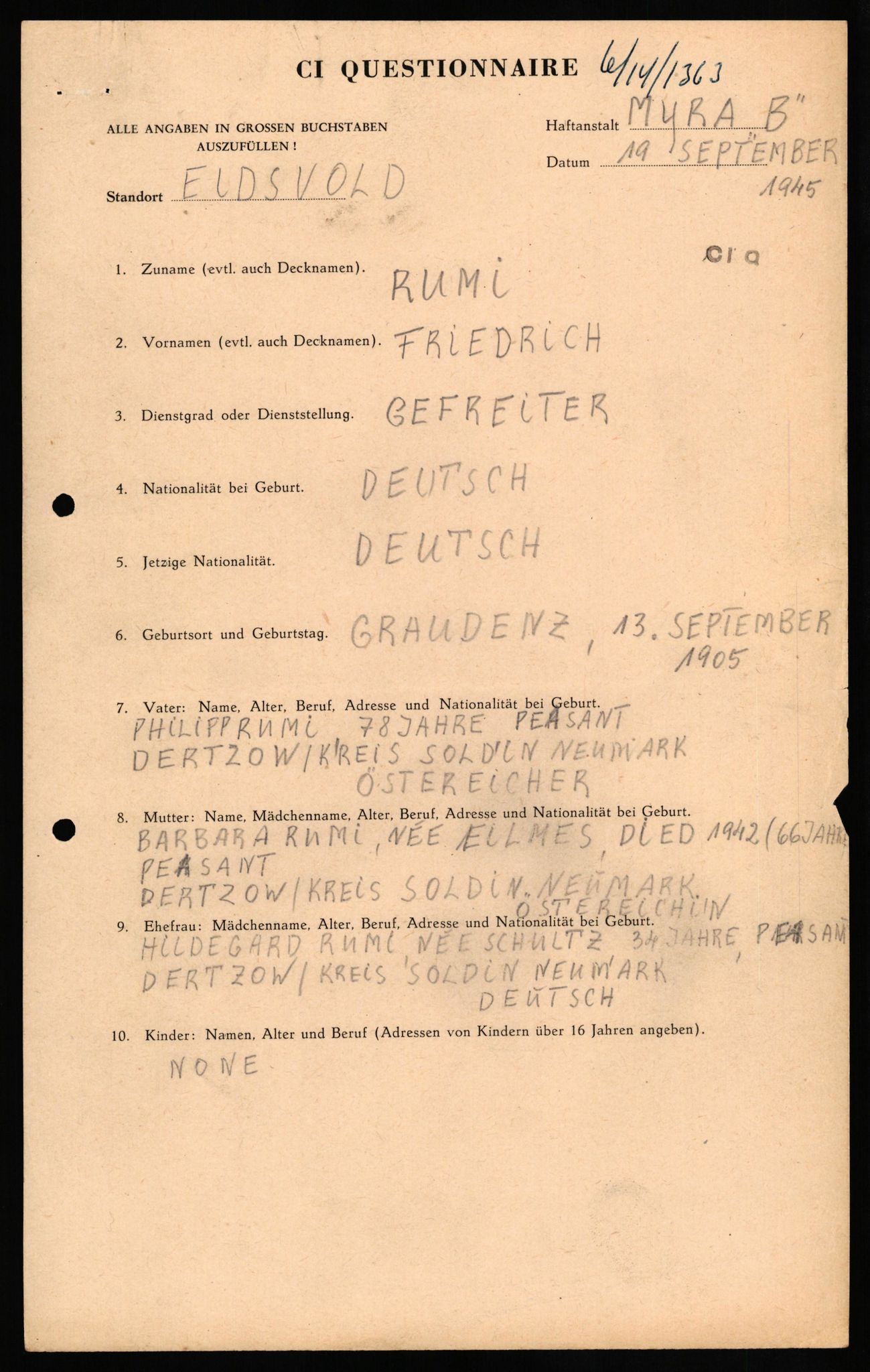 Forsvaret, Forsvarets overkommando II, RA/RAFA-3915/D/Db/L0028: CI Questionaires. Tyske okkupasjonsstyrker i Norge. Tyskere., 1945-1946, p. 203