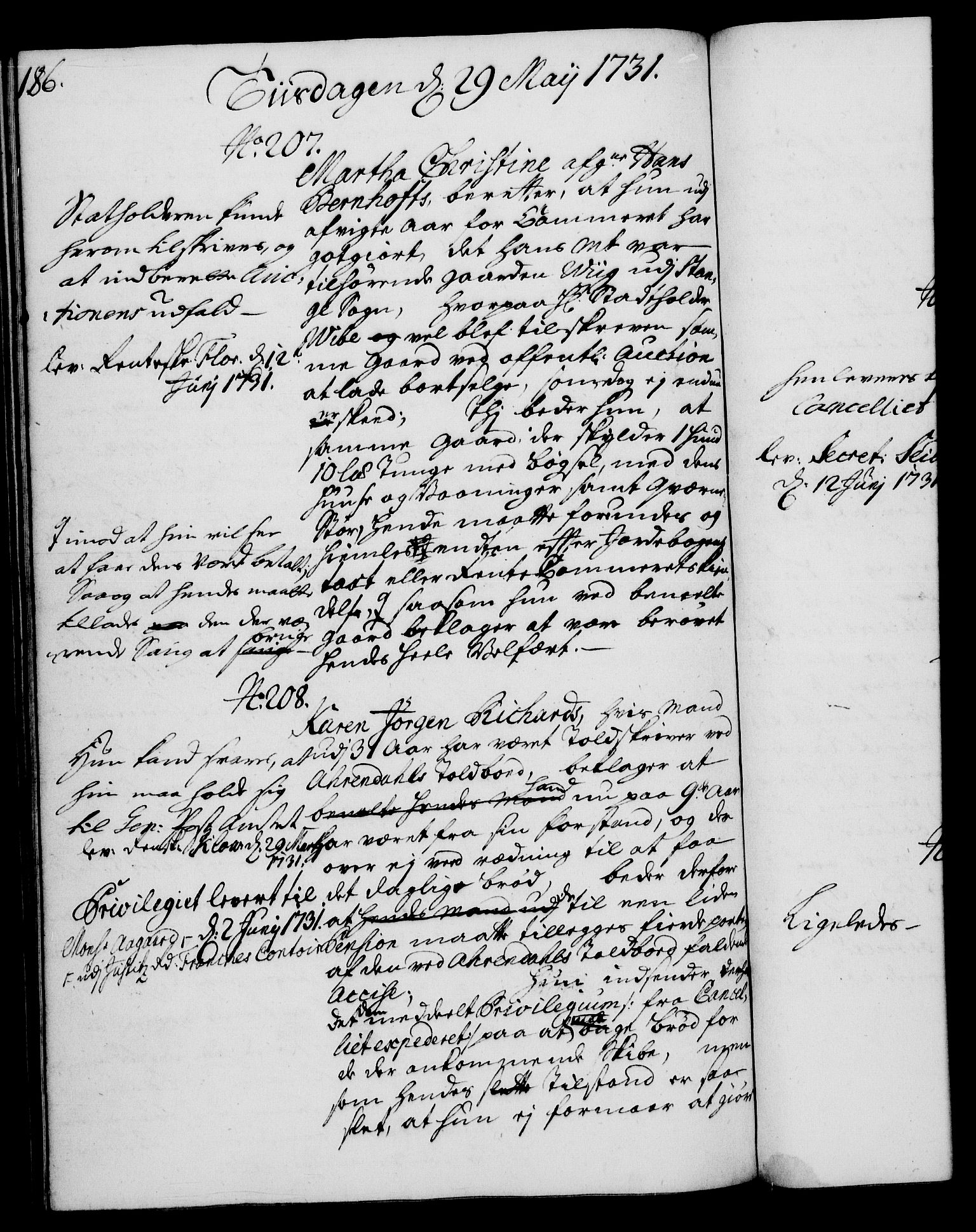 Rentekammeret, Kammerkanselliet, RA/EA-3111/G/Gh/Gha/L0013: Norsk ekstraktmemorialprotokoll (merket RK 53.58), 1731, p. 186