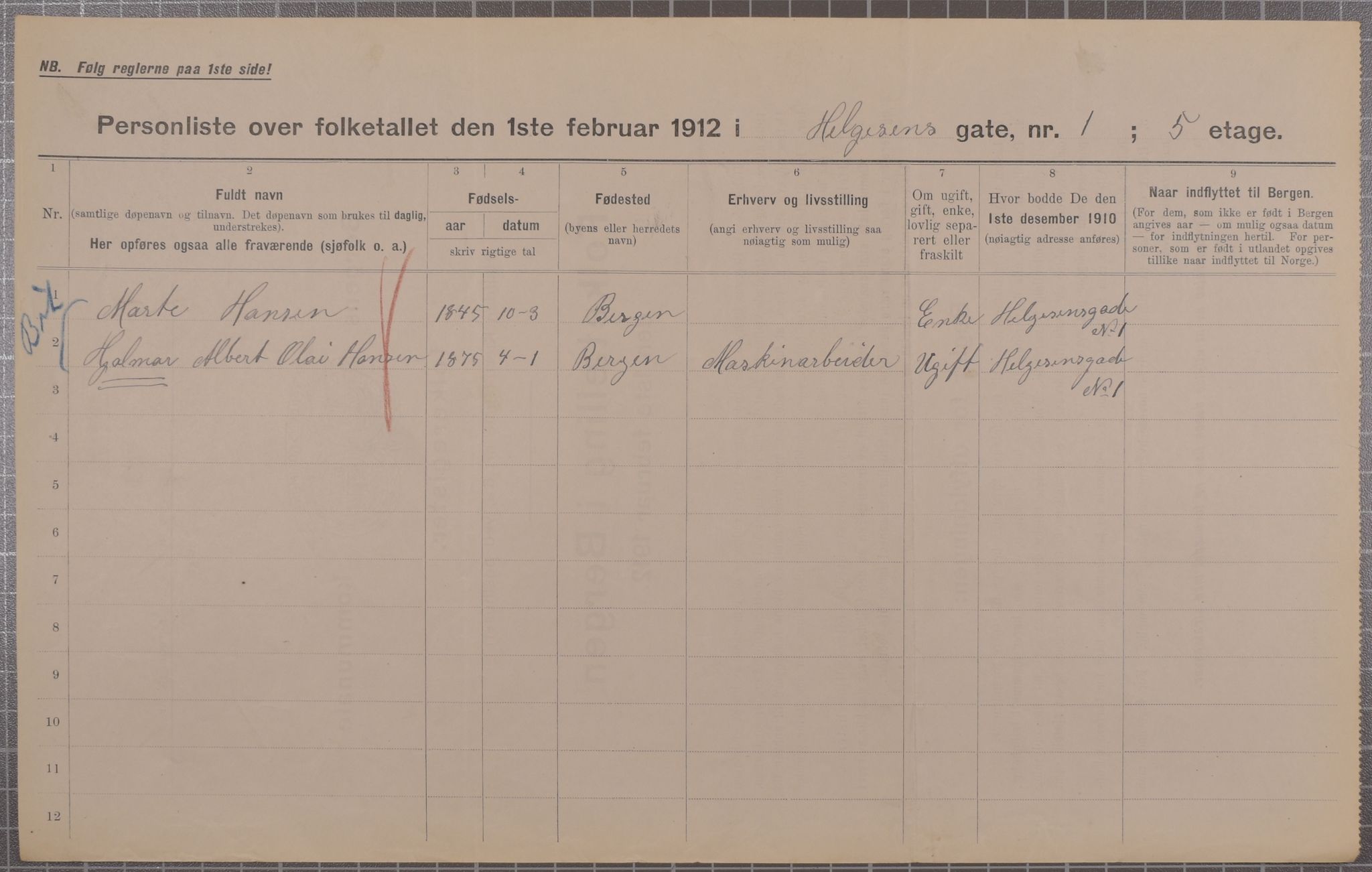 SAB, Municipal Census 1912 for Bergen, 1912, p. 1981