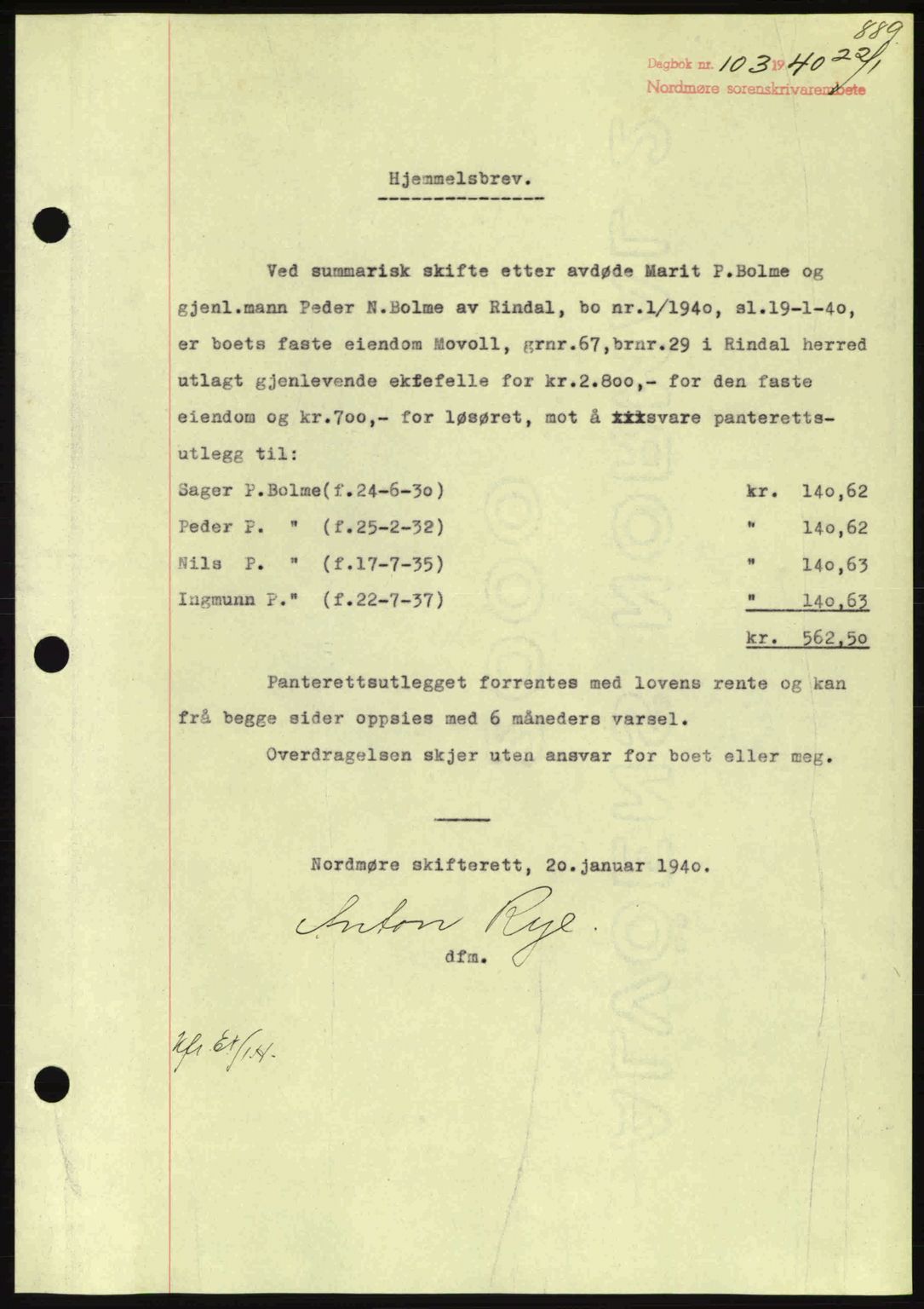 Nordmøre sorenskriveri, AV/SAT-A-4132/1/2/2Ca: Mortgage book no. A87, 1939-1940, Diary no: : 103/1940