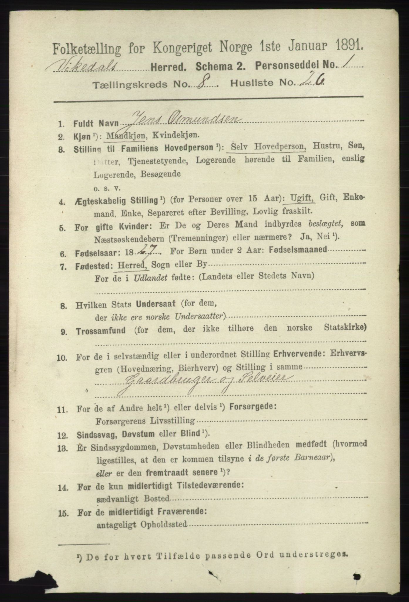 RA, 1891 census for 1157 Vikedal, 1891, p. 2340