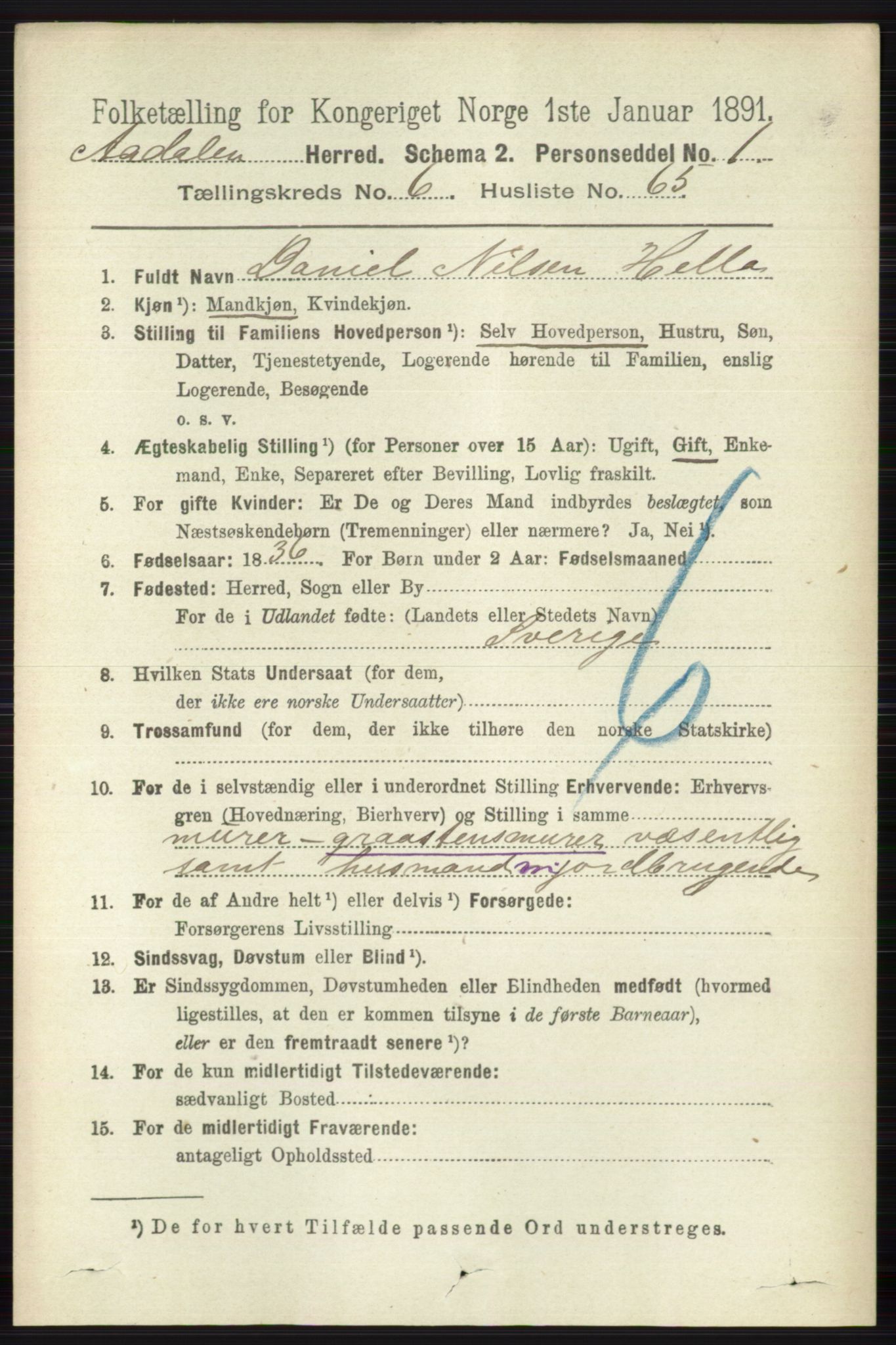 RA, 1891 census for 0614 Ådal, 1891, p. 3000