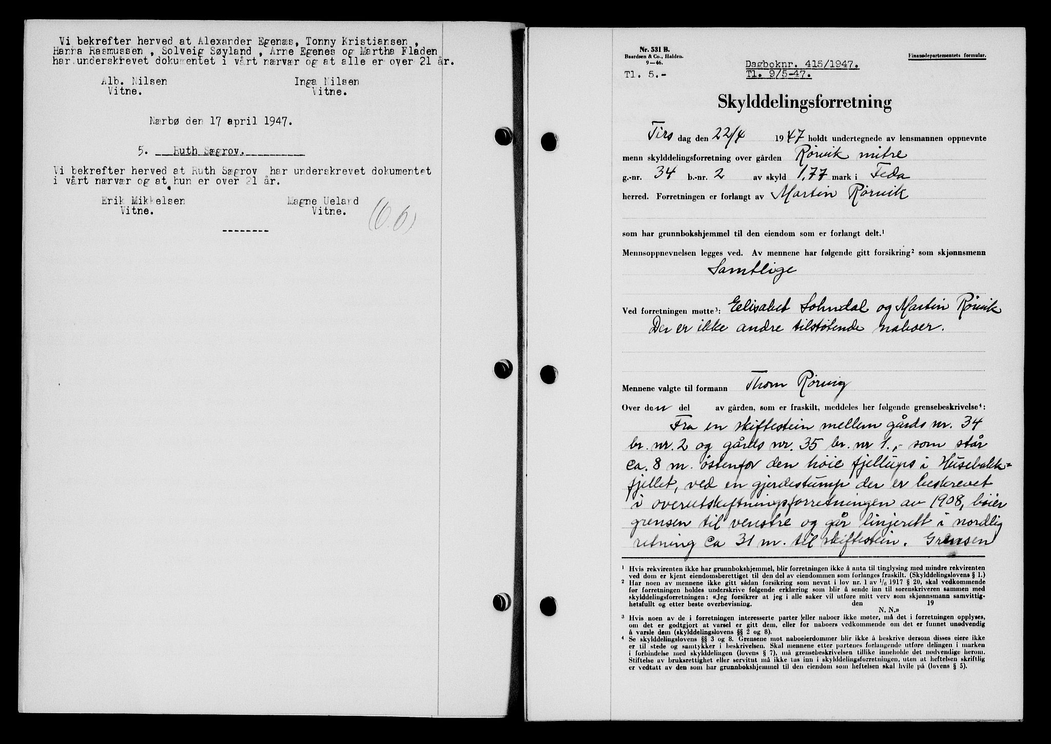 Flekkefjord sorenskriveri, SAK/1221-0001/G/Gb/Gba/L0062: Mortgage book no. A-10, 1947-1947, Diary no: : 415/1947