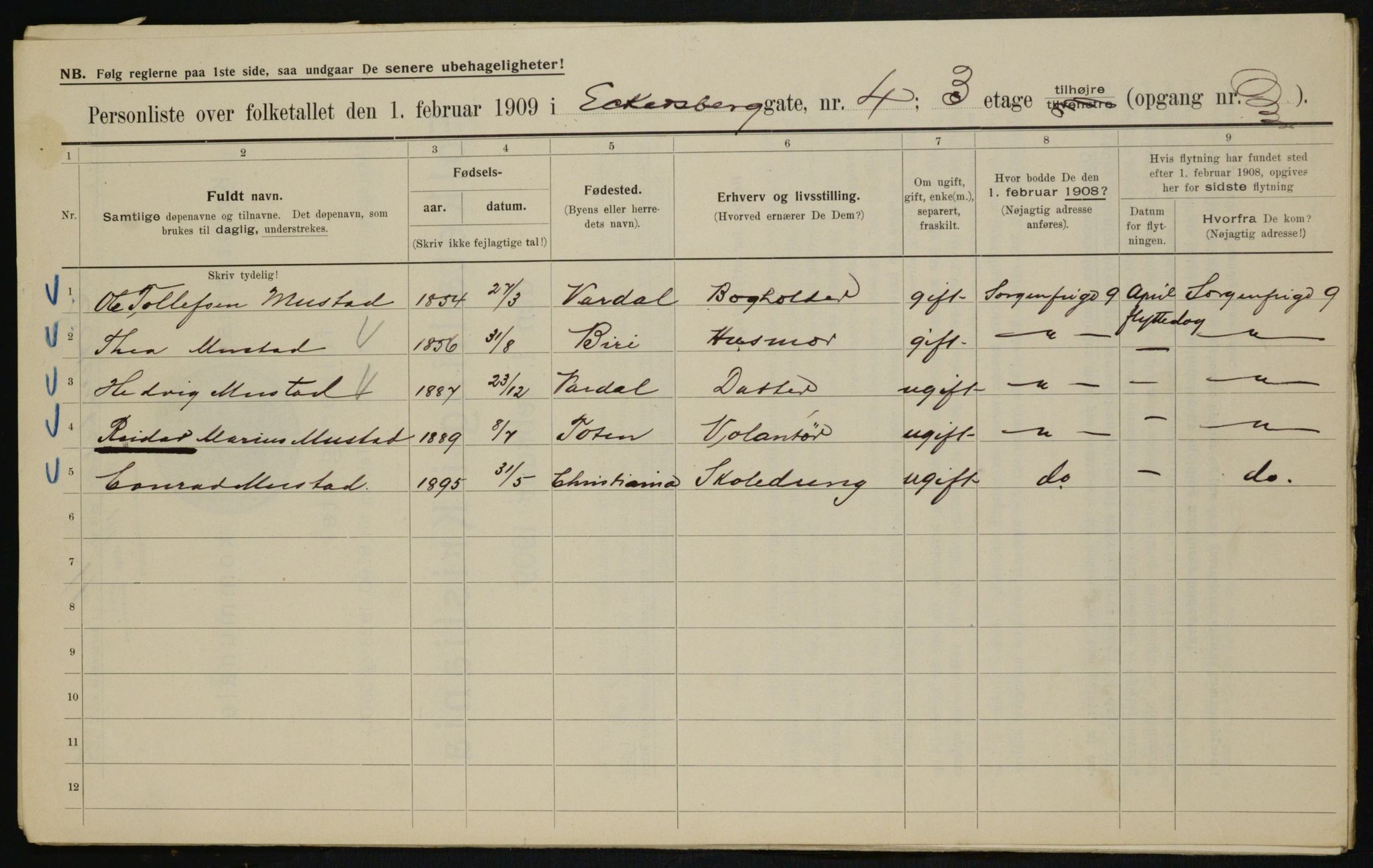 OBA, Municipal Census 1909 for Kristiania, 1909, p. 16621