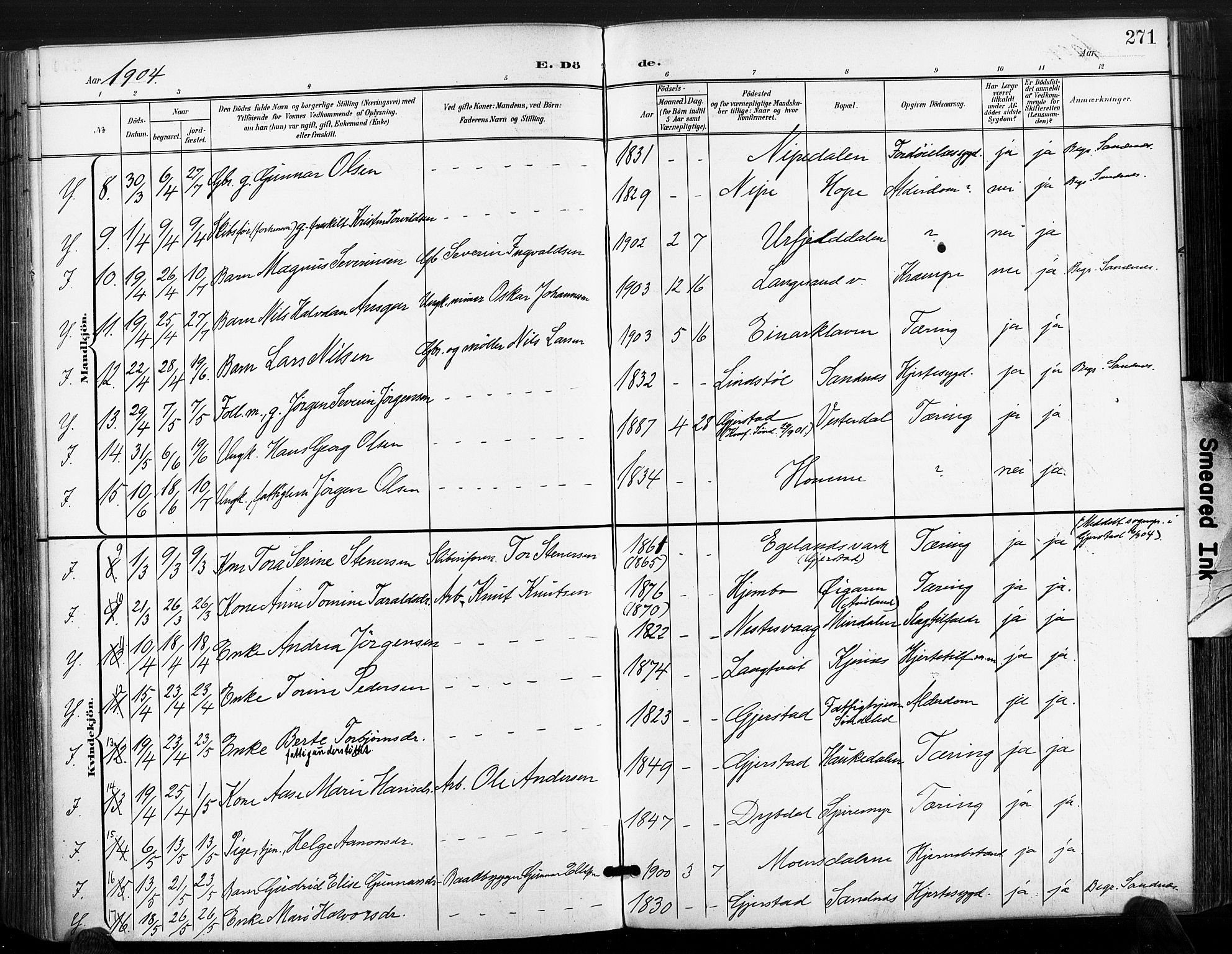Søndeled sokneprestkontor, SAK/1111-0038/F/Fa/L0006: Parish register (official) no. A 6, 1900-1922, p. 271