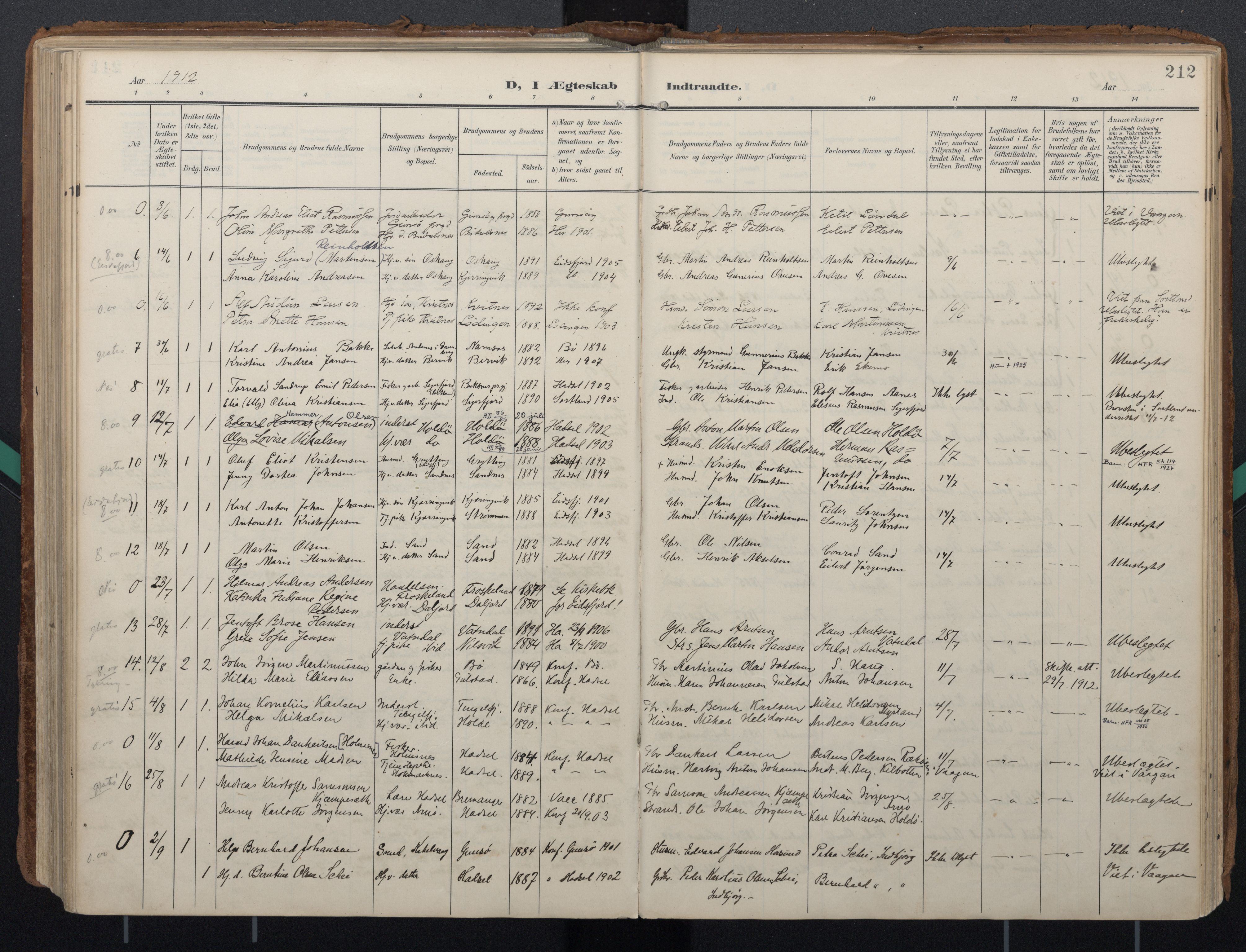 Ministerialprotokoller, klokkerbøker og fødselsregistre - Nordland, AV/SAT-A-1459/888/L1248: Parish register (official) no. 888A14, 1904-1913, p. 212