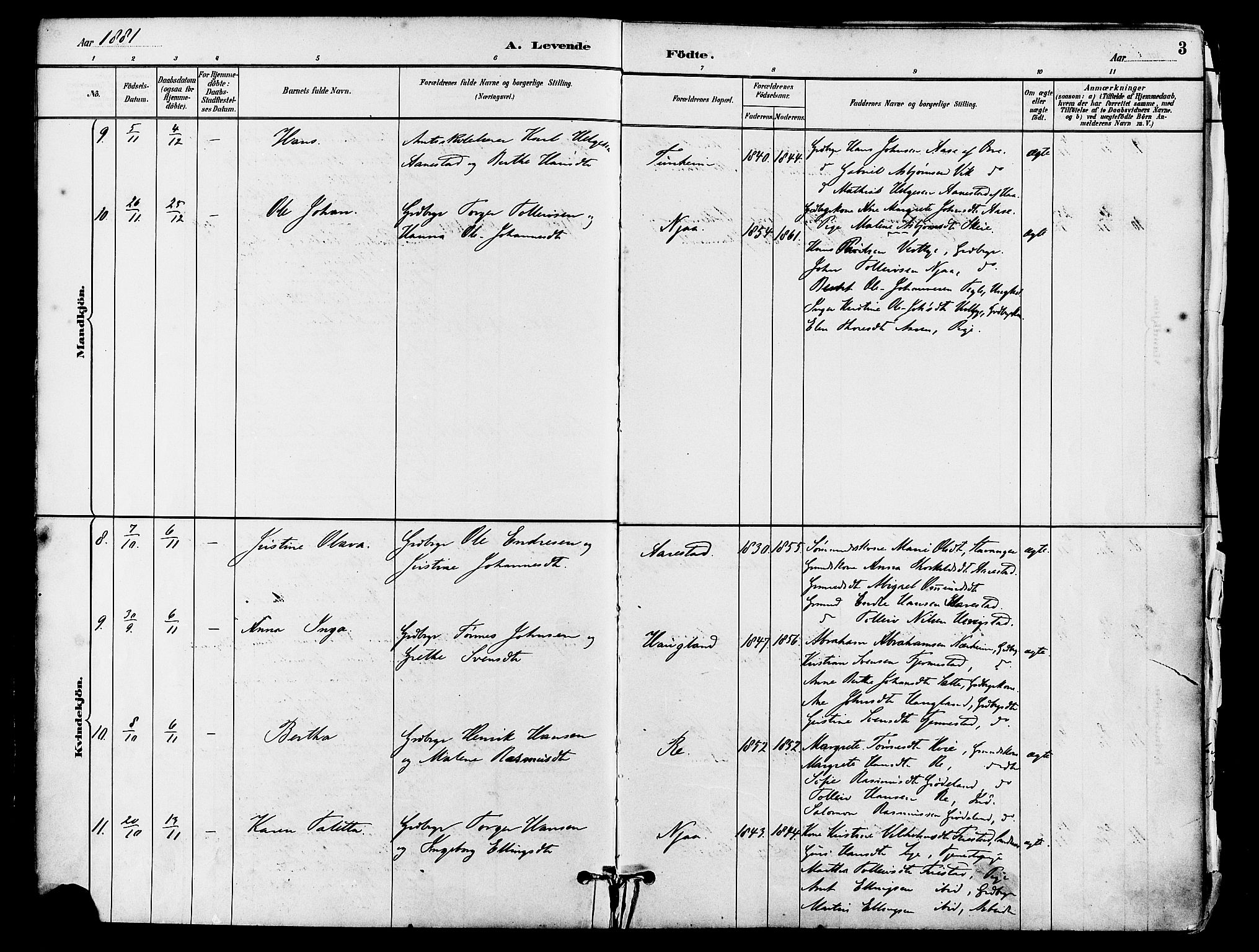 Lye sokneprestkontor, AV/SAST-A-101794/001/30BA/L0009: Parish register (official) no. A 8, 1881-1892, p. 3