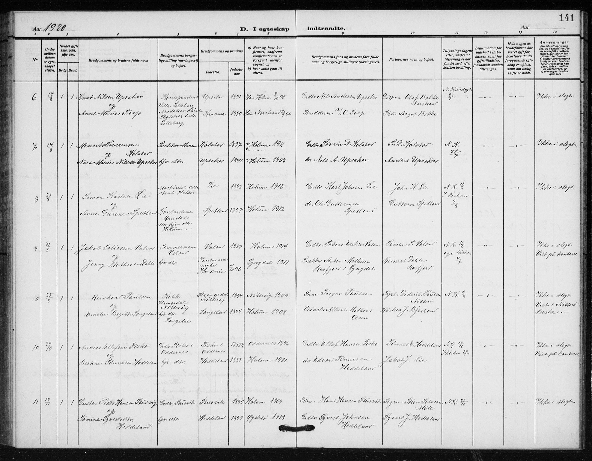 Holum sokneprestkontor, SAK/1111-0022/F/Fb/Fba/L0006: Parish register (copy) no. B 6, 1910-1936, p. 141