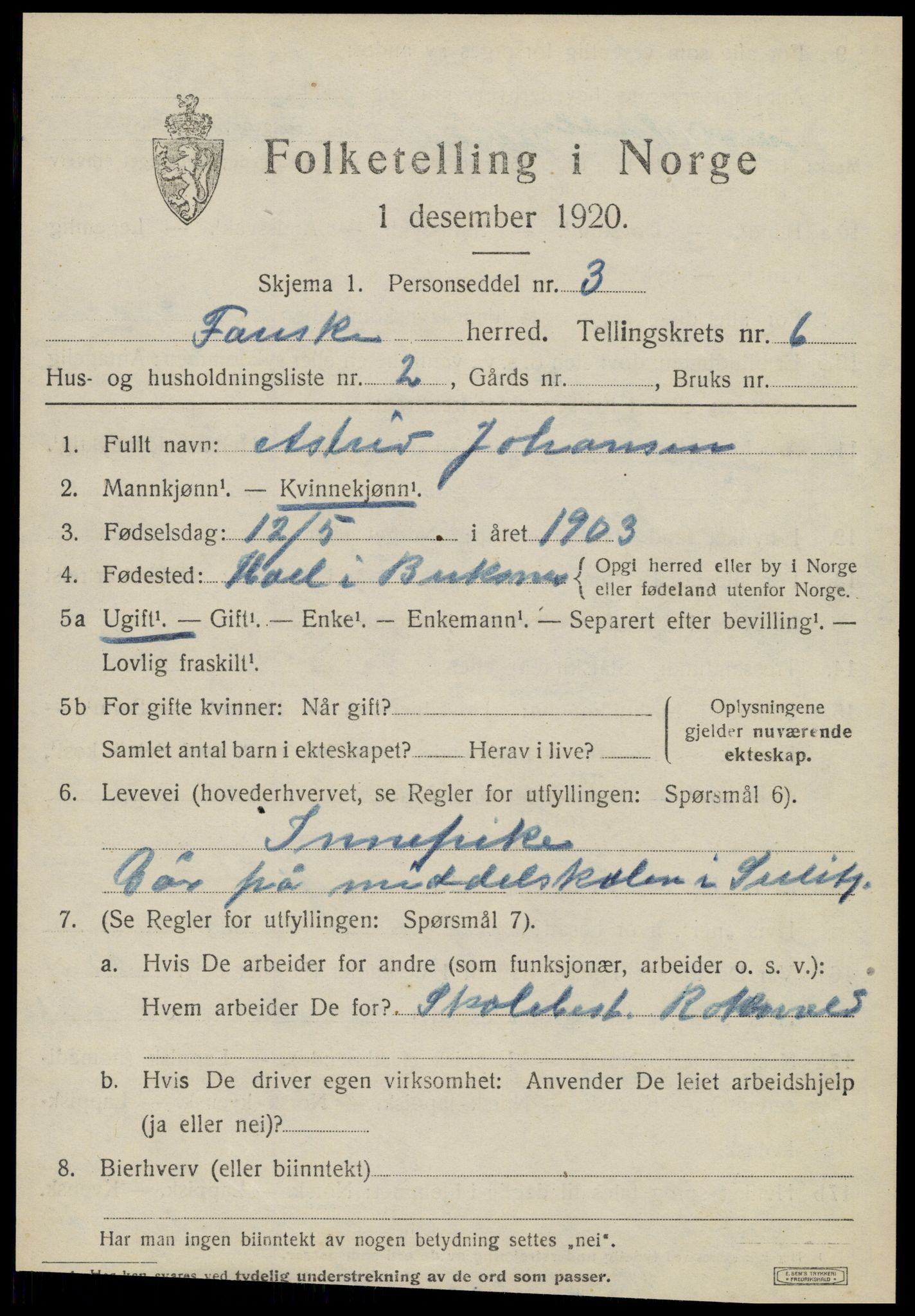 SAT, 1920 census for Fauske, 1920, p. 5448