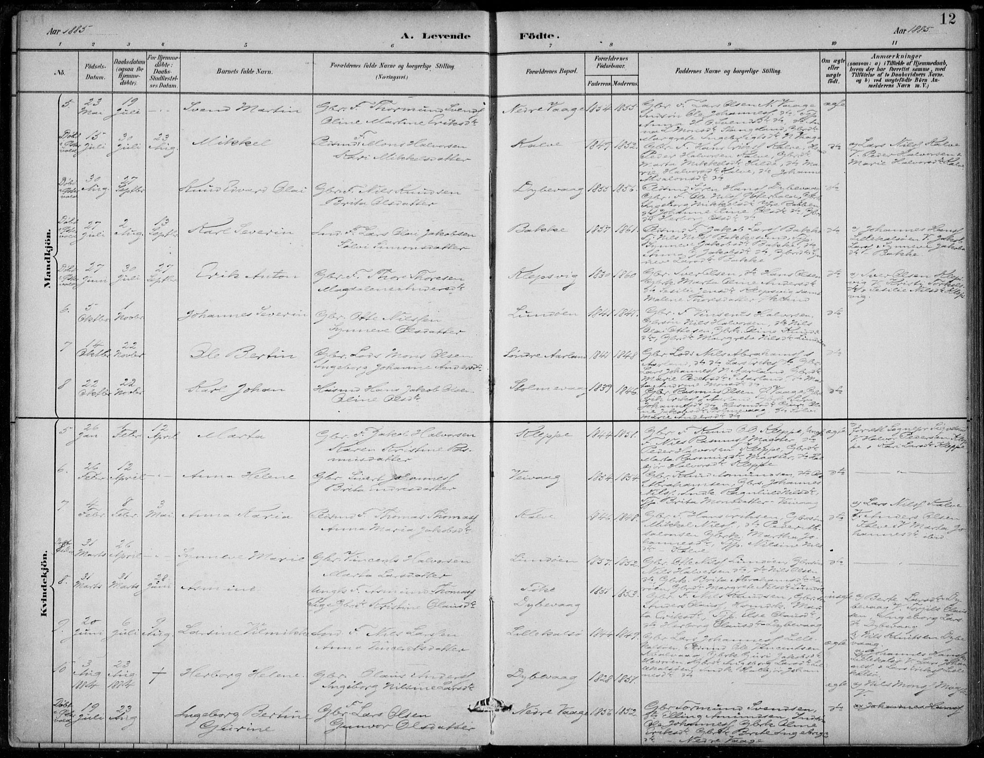 Sund sokneprestembete, AV/SAB-A-99930: Parish register (official) no. D 1, 1882-1899, p. 12