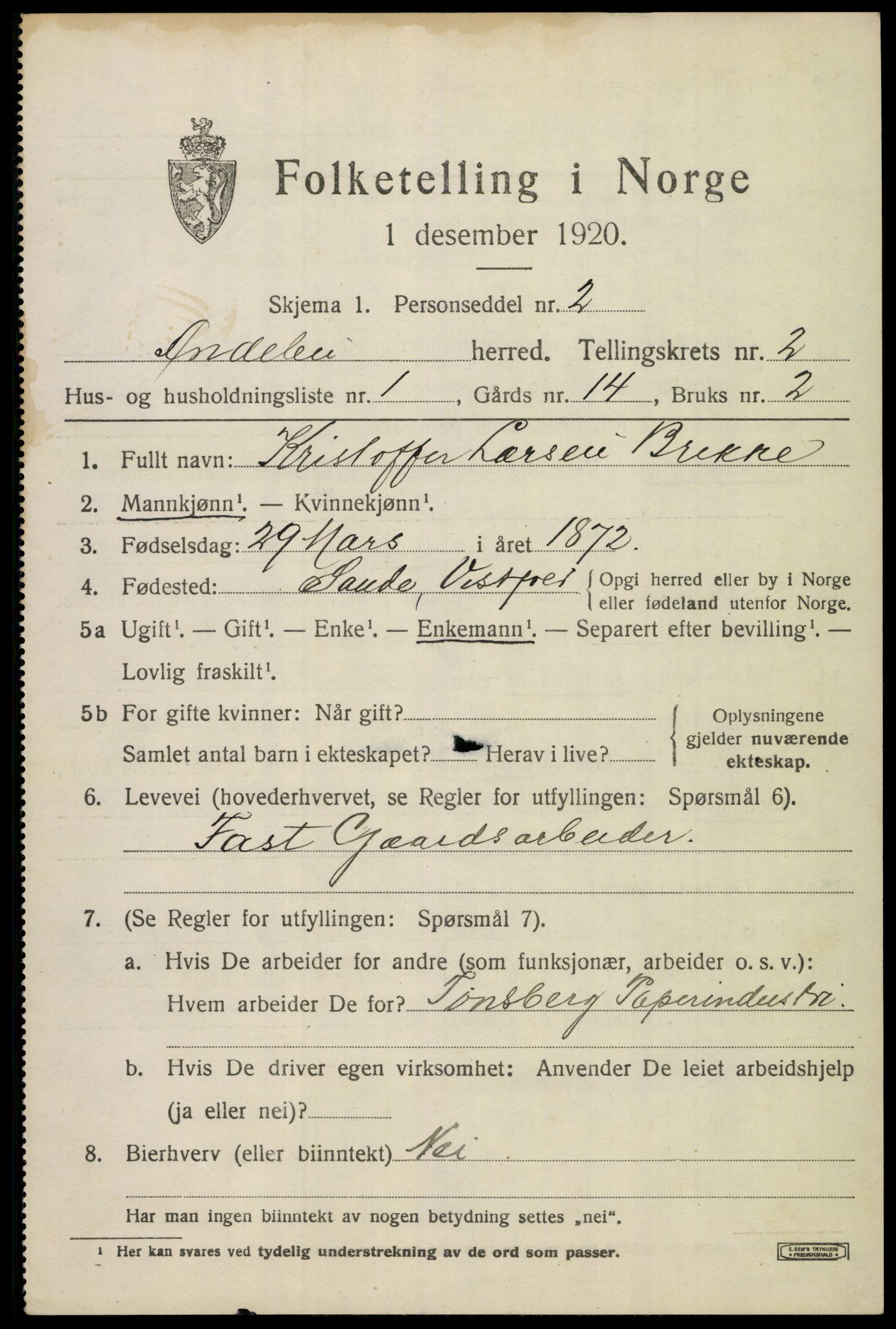 SAKO, 1920 census for Andebu, 1920, p. 1498