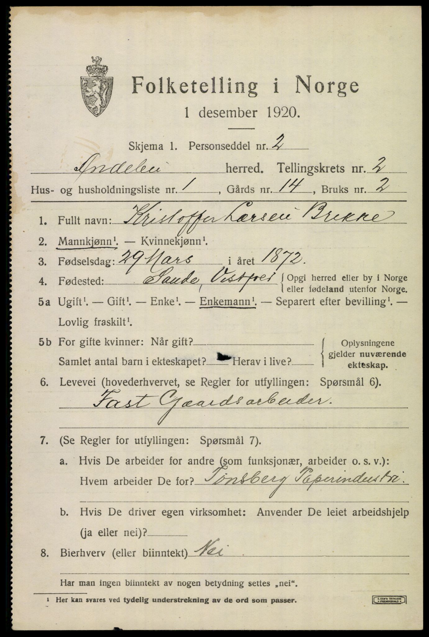 SAKO, 1920 census for Andebu, 1920, p. 1498