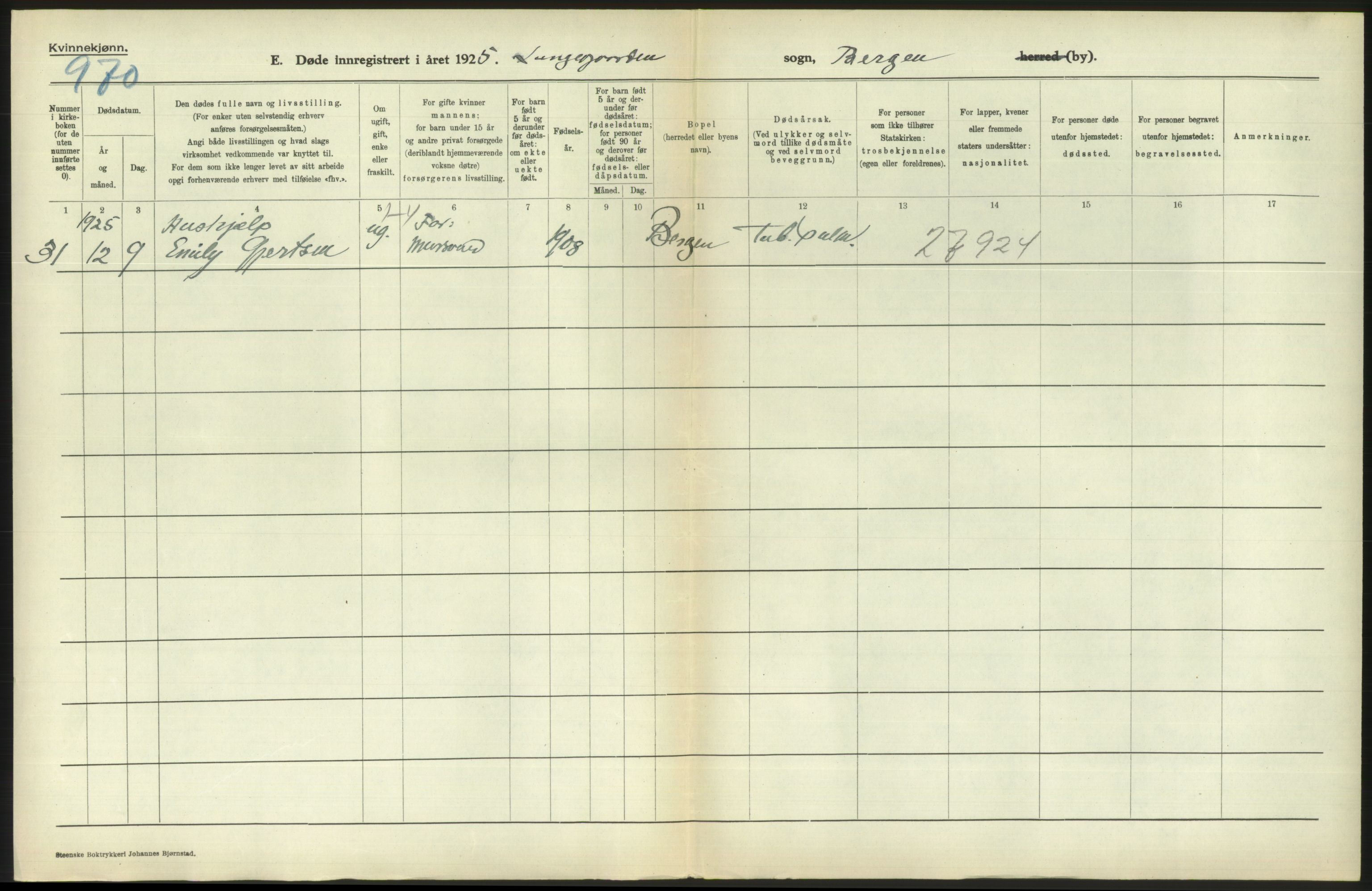 Statistisk sentralbyrå, Sosiodemografiske emner, Befolkning, RA/S-2228/D/Df/Dfc/Dfce/L0029: Bergen: Gifte, døde., 1925, p. 764