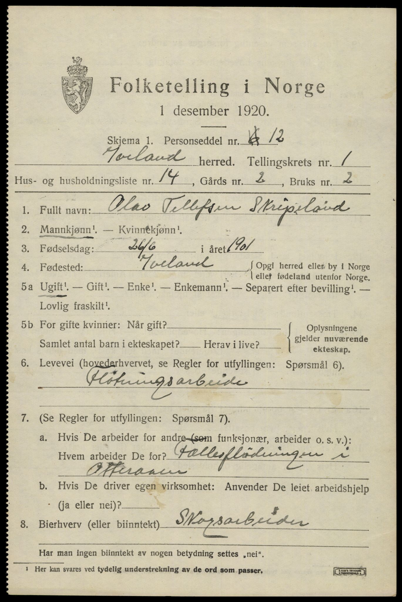 SAK, 1920 census for Iveland, 1920, p. 601