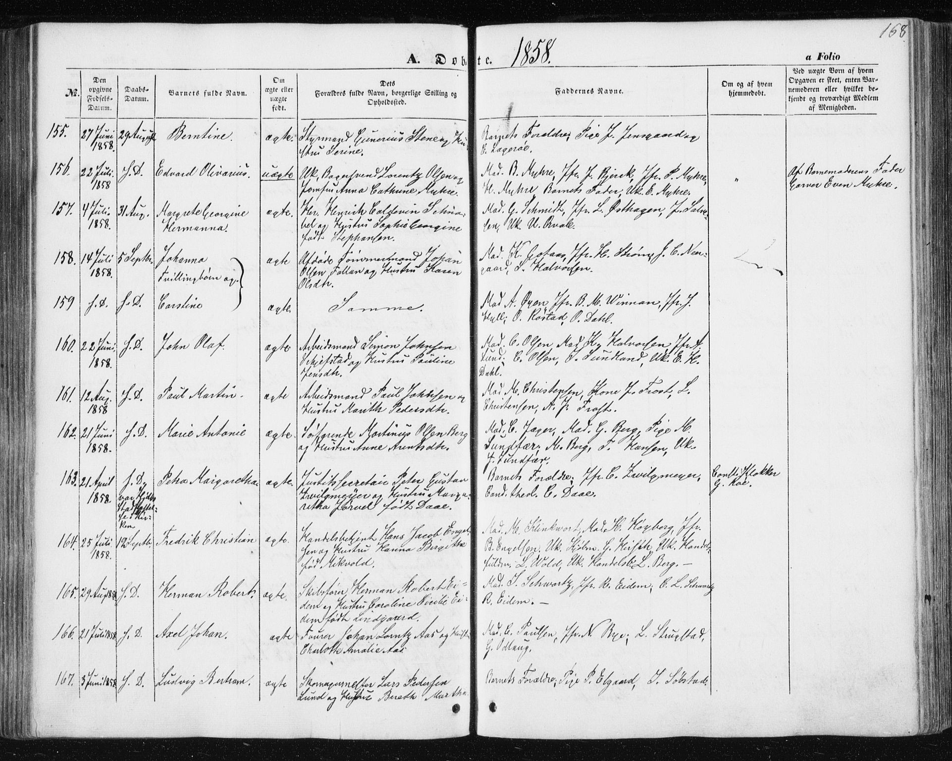 Ministerialprotokoller, klokkerbøker og fødselsregistre - Sør-Trøndelag, AV/SAT-A-1456/602/L0112: Parish register (official) no. 602A10, 1848-1859, p. 168