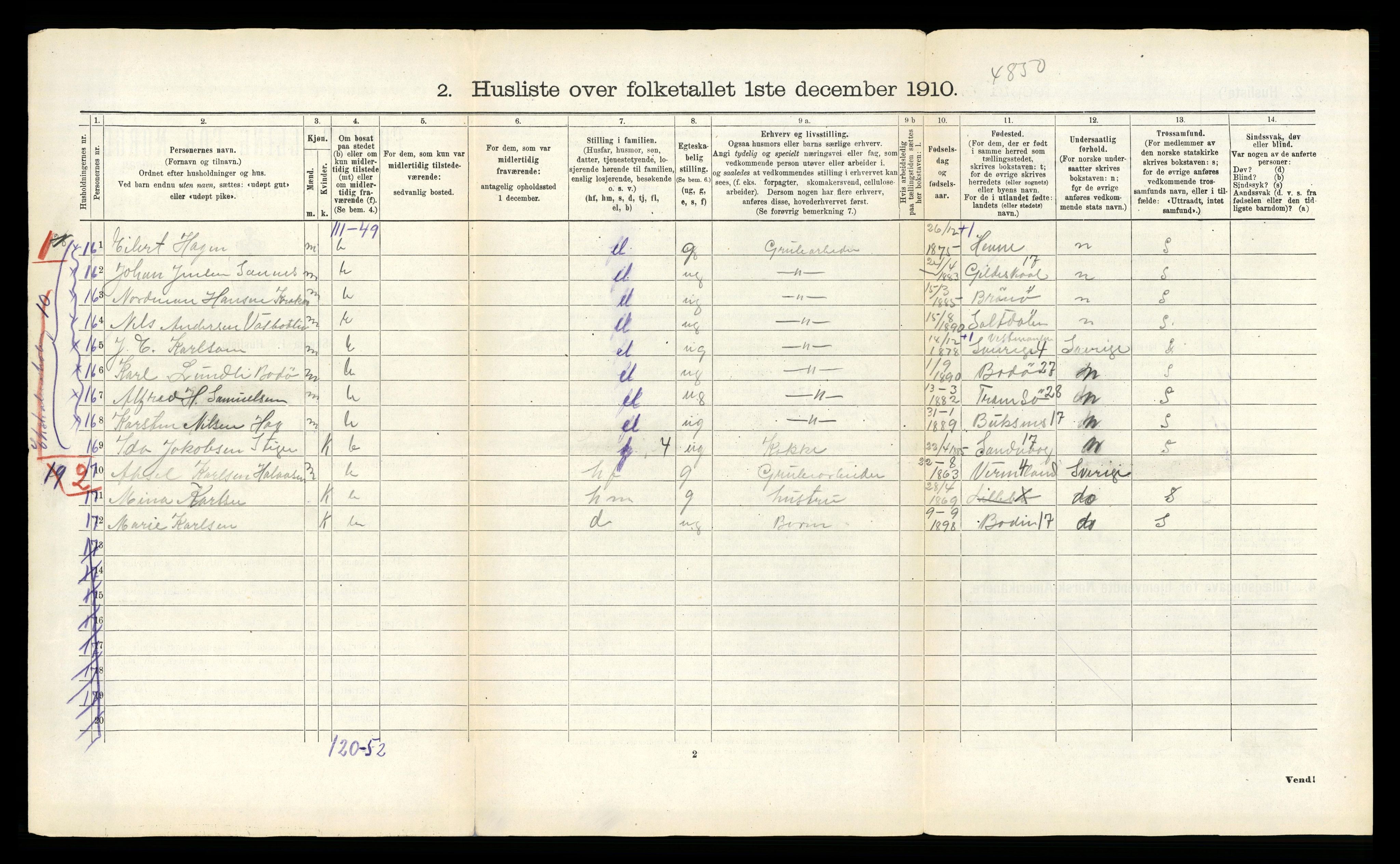 RA, 1910 census for Fauske, 1910, p. 103