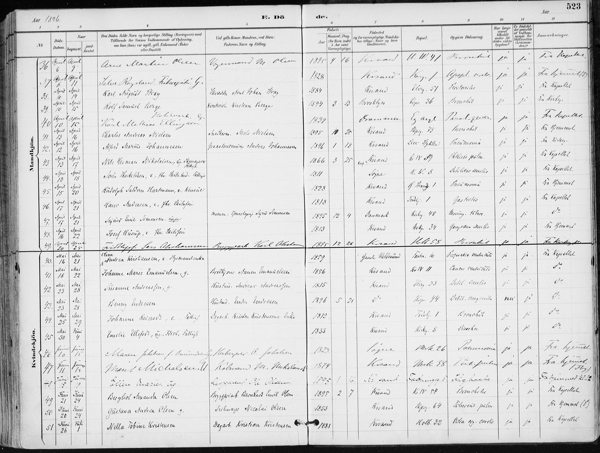 Kristiansand domprosti, AV/SAK-1112-0006/F/Fa/L0019: Parish register (official) no. A 18, 1890-1897, p. 523