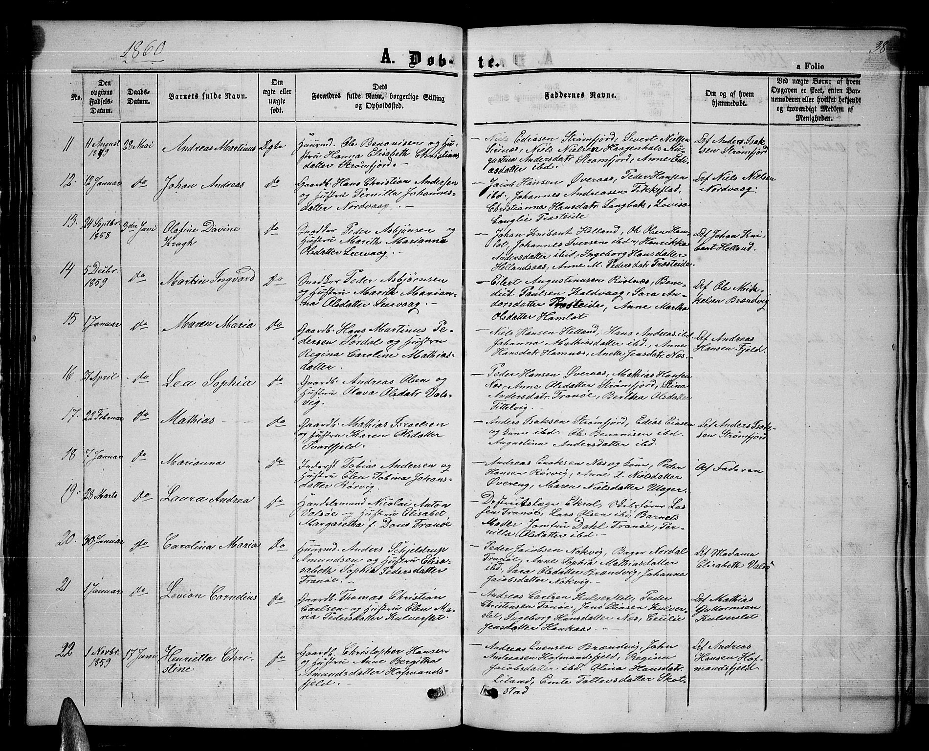 Ministerialprotokoller, klokkerbøker og fødselsregistre - Nordland, AV/SAT-A-1459/859/L0857: Parish register (copy) no. 859C03, 1854-1873, p. 38