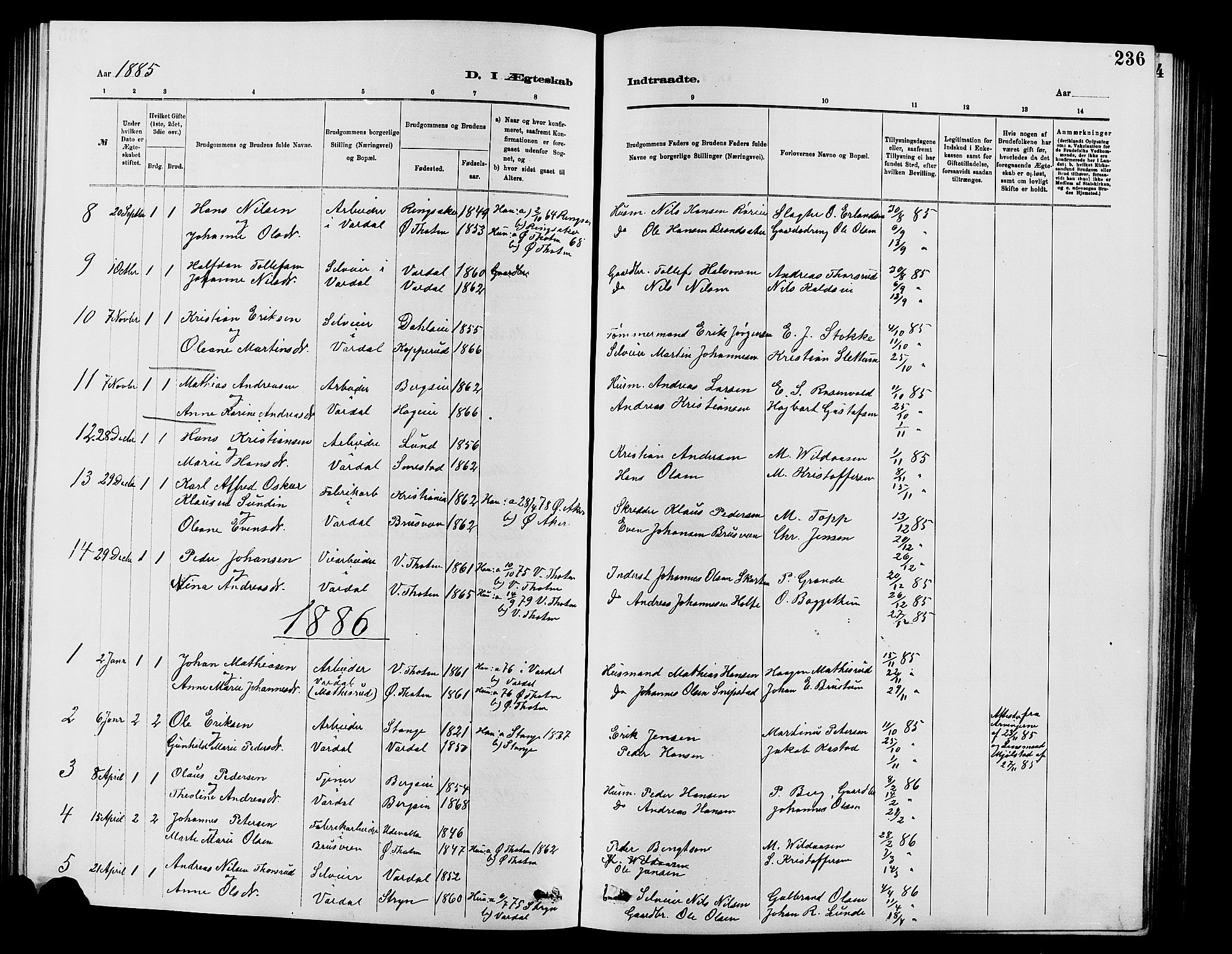 Vardal prestekontor, SAH/PREST-100/H/Ha/Hab/L0007: Parish register (copy) no. 7 /1, 1881-1895, p. 236