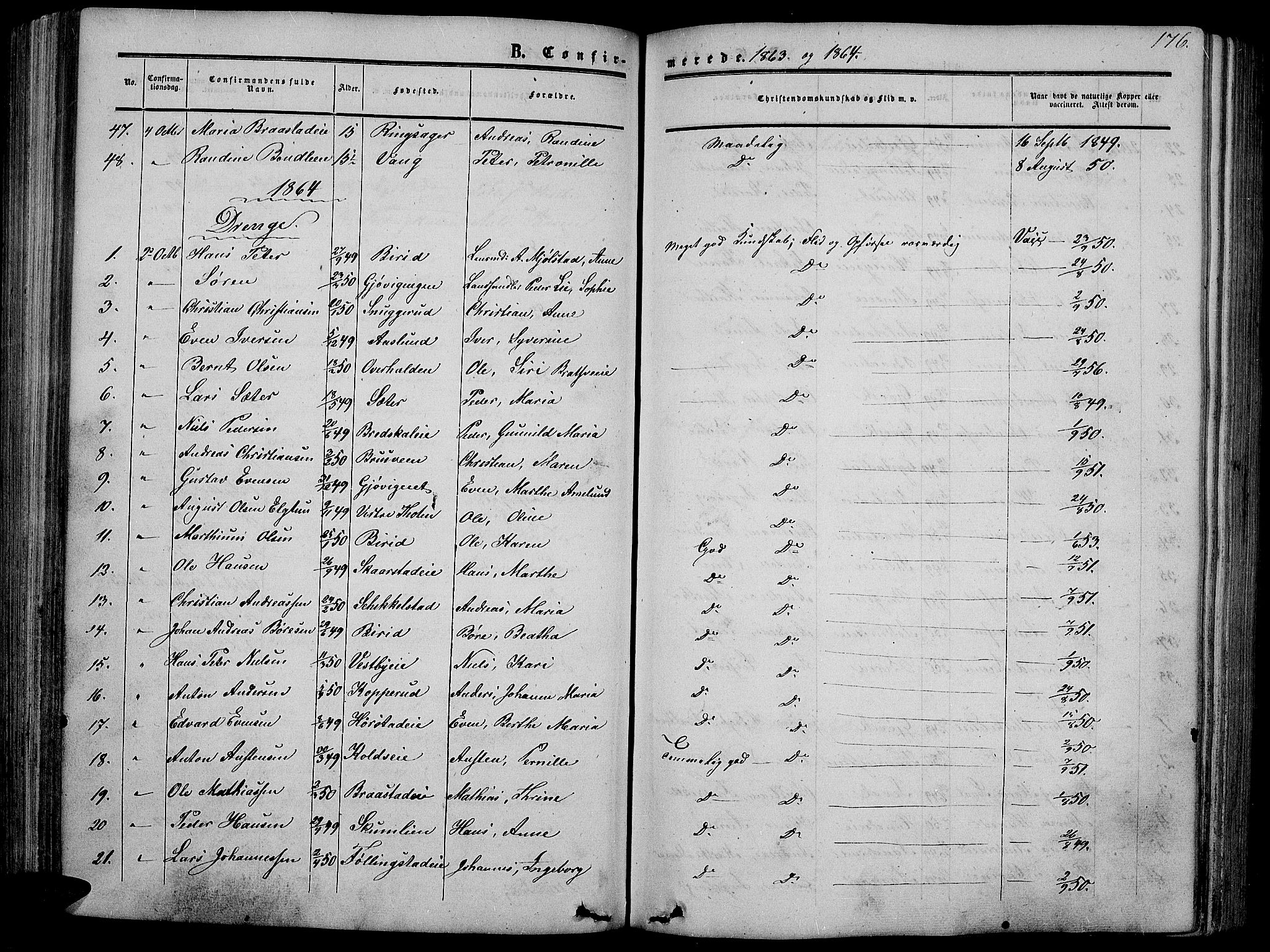 Vardal prestekontor, SAH/PREST-100/H/Ha/Hab/L0005: Parish register (copy) no. 5, 1854-1868, p. 176