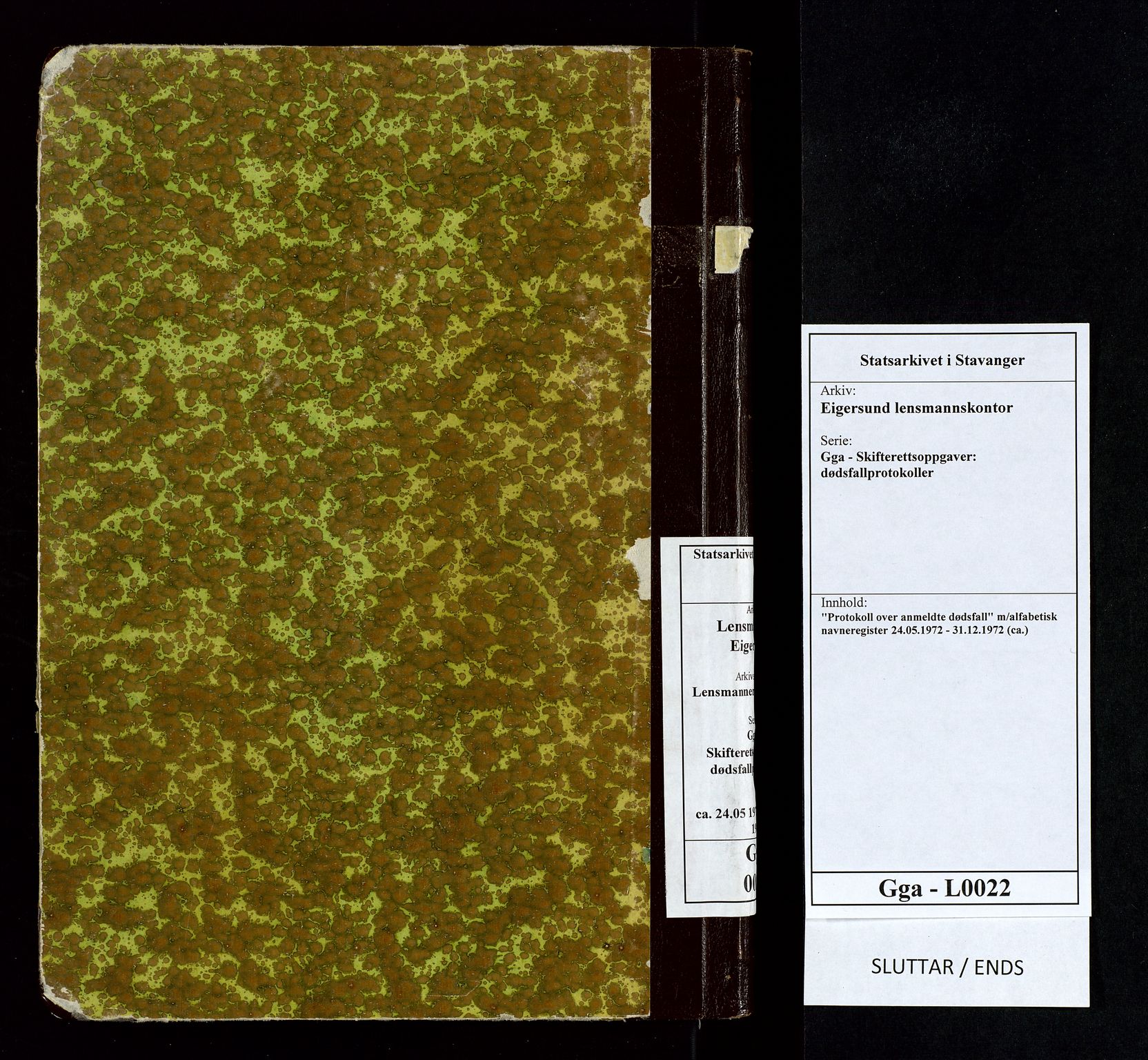 Eigersund lensmannskontor, SAST/A-100171/Gga/L0022: "Protokoll over anmeldte dødsfall" m/alfabetisk navneregister, 1972