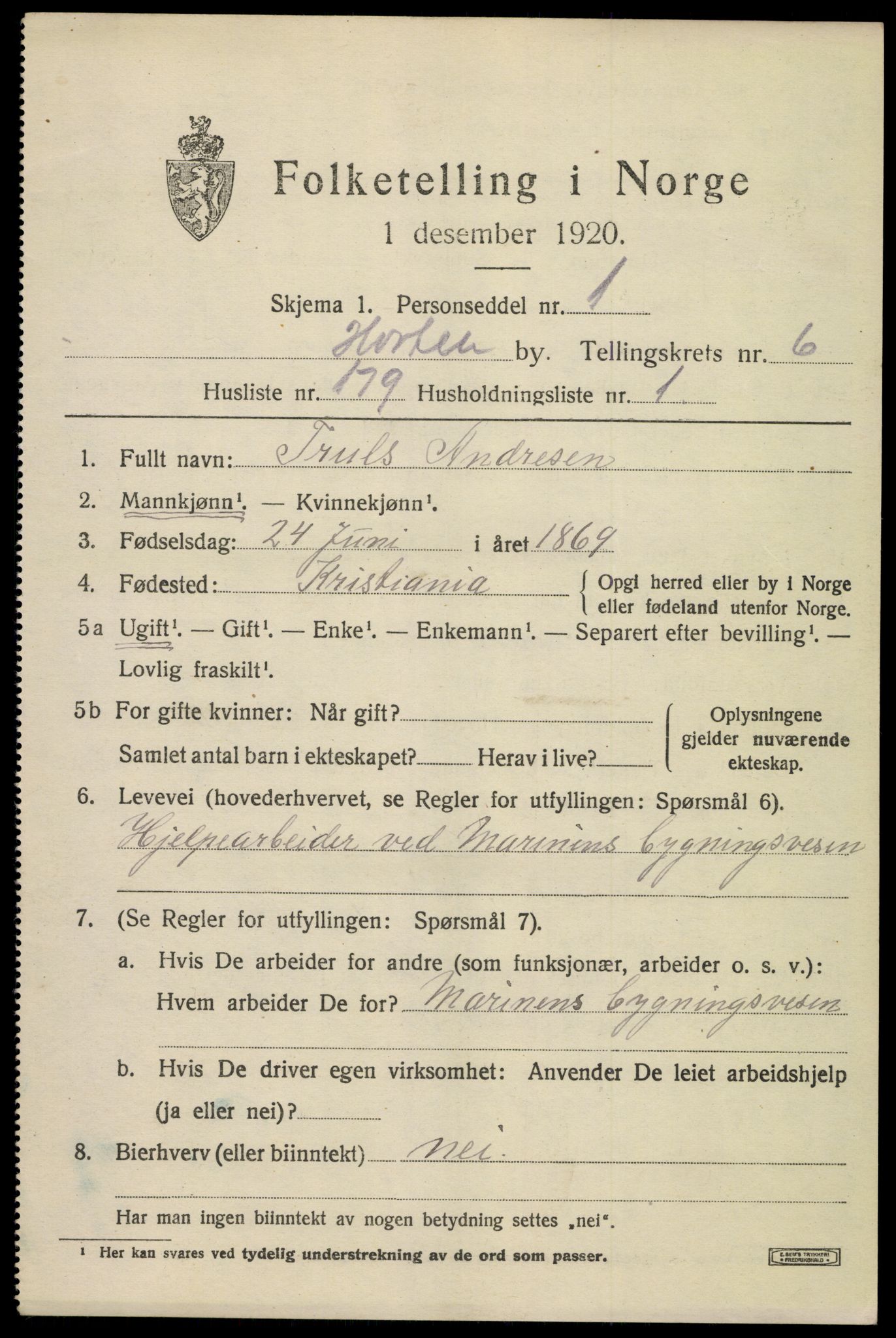 SAKO, 1920 census for Horten, 1920, p. 25423