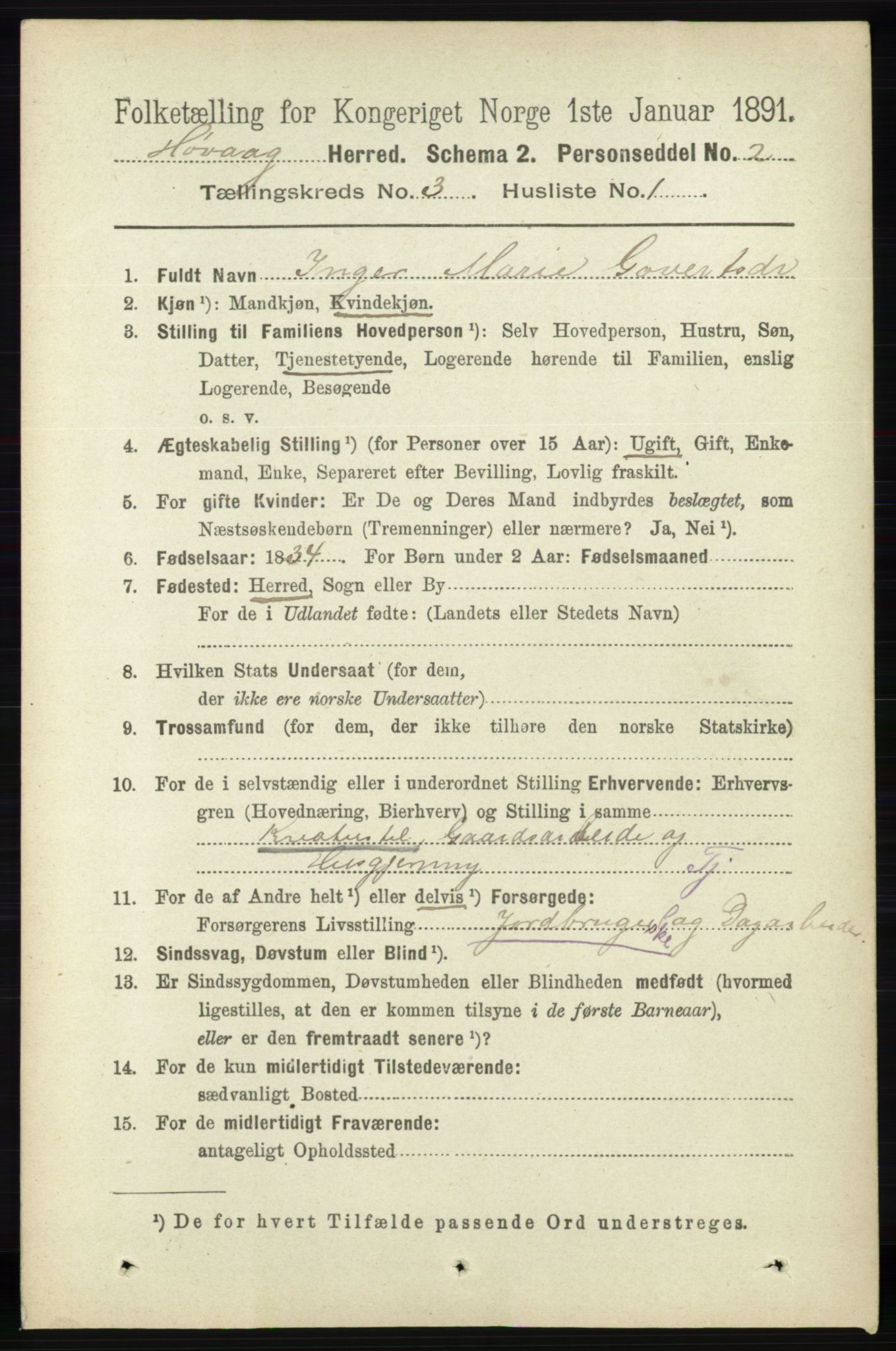 RA, 1891 census for 0927 Høvåg, 1891, p. 1012