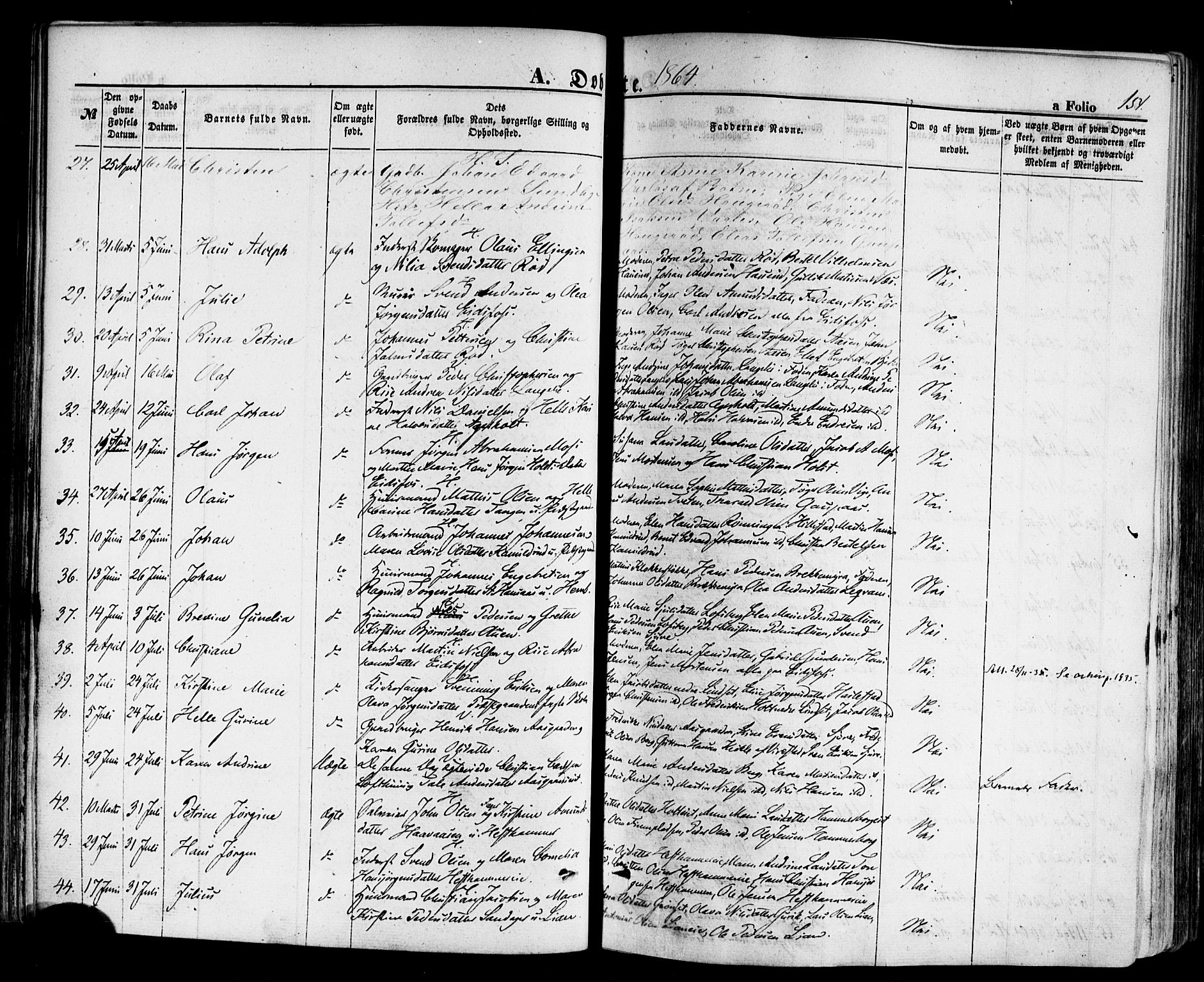 Hof kirkebøker, AV/SAKO-A-64/F/Fa/L0006: Parish register (official) no. I 6, 1851-1877, p. 154