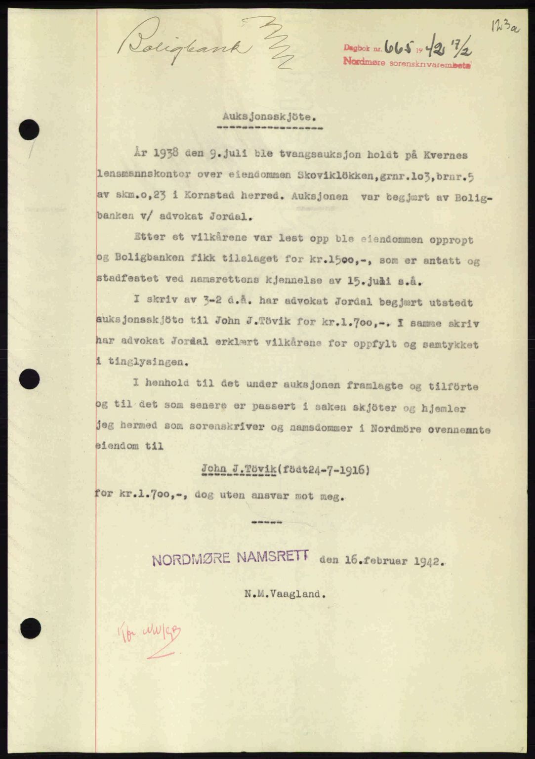 Nordmøre sorenskriveri, AV/SAT-A-4132/1/2/2Ca: Mortgage book no. A92, 1942-1942, Diary no: : 665/1942