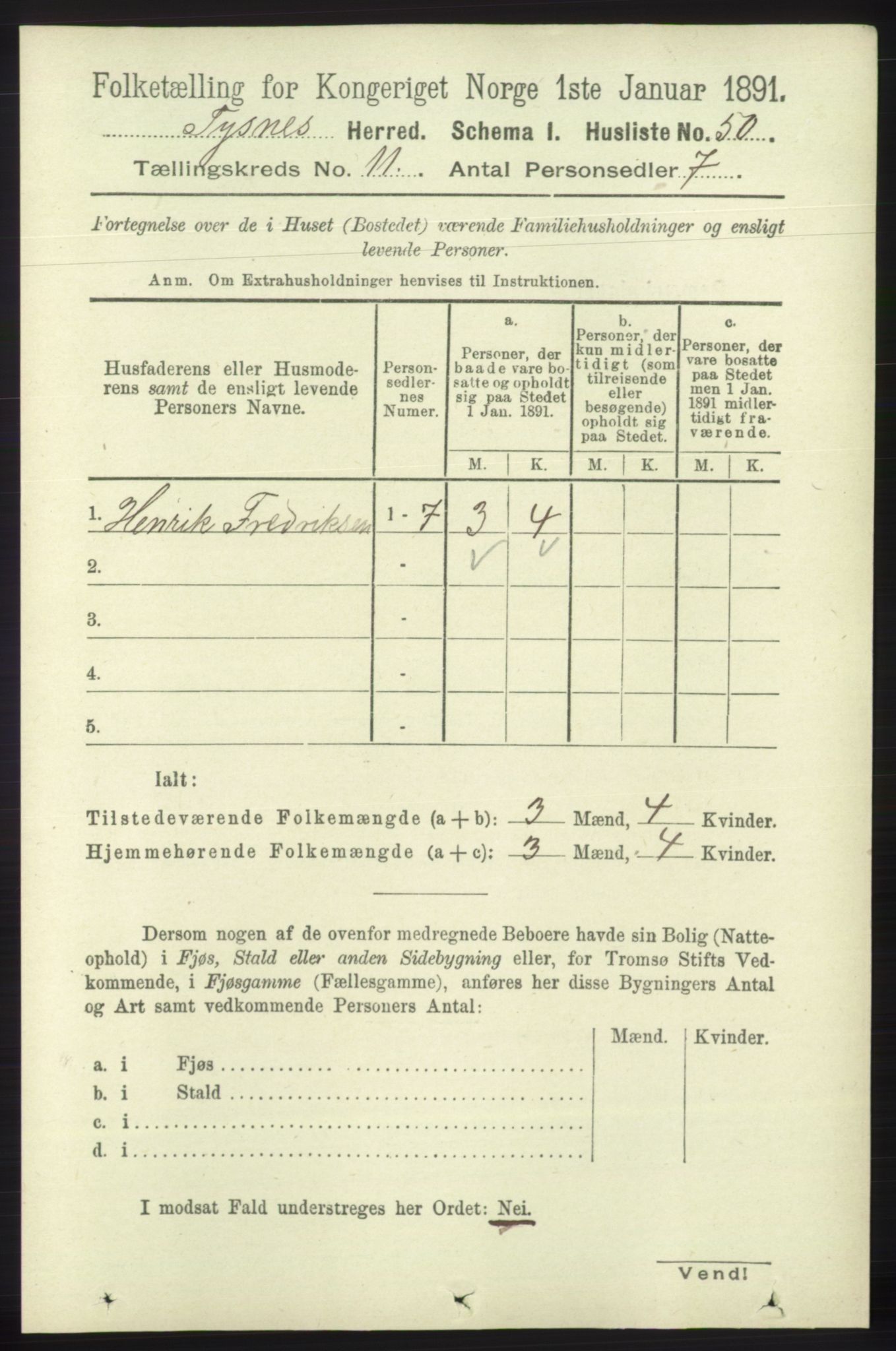 RA, 1891 census for 1223 Tysnes, 1891, p. 5354