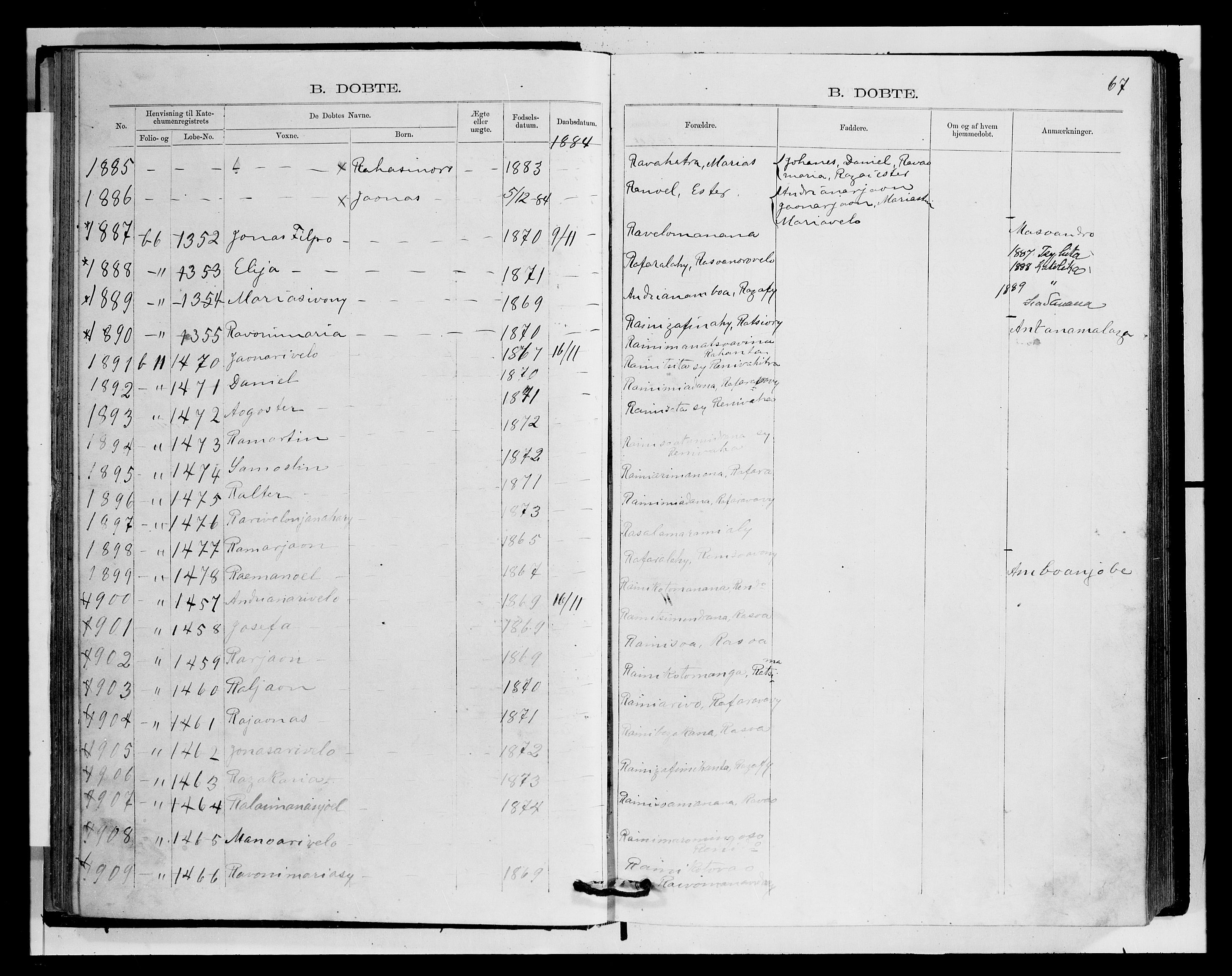 Archives FLM/NMS, Madagaskar, VID/MA-A-1163/D/Db/L0270: Parish register (official) no. 2, 1883-1886, p. 67