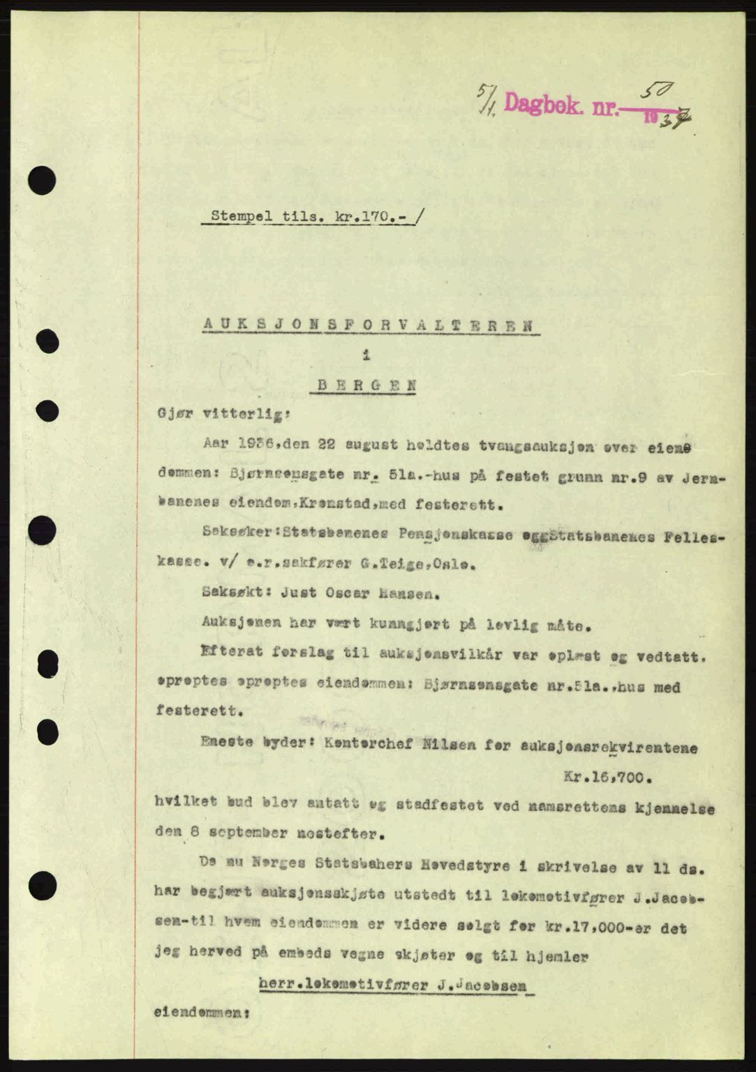 Byfogd og Byskriver i Bergen, SAB/A-3401/03/03Bc/L0004: Mortgage book no. A3-4, 1936-1937, Diary no: : 50/1937