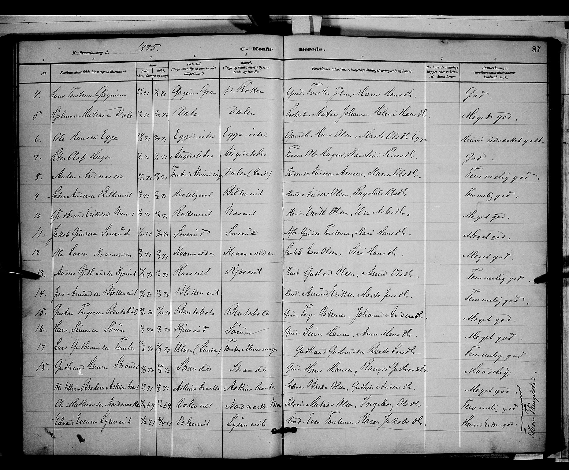 Gran prestekontor, SAH/PREST-112/H/Ha/Hab/L0003: Parish register (copy) no. 3, 1882-1890, p. 87