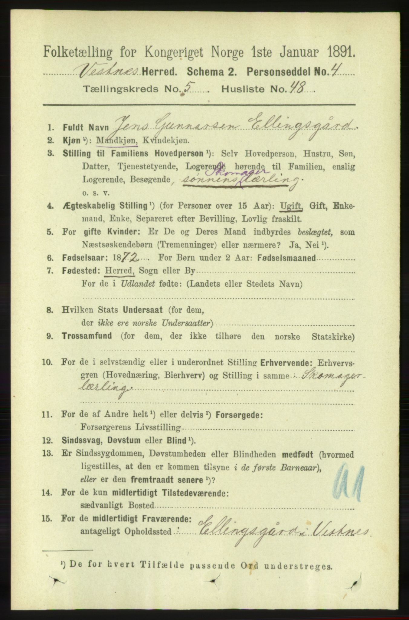 RA, 1891 census for 1535 Vestnes, 1891, p. 2066