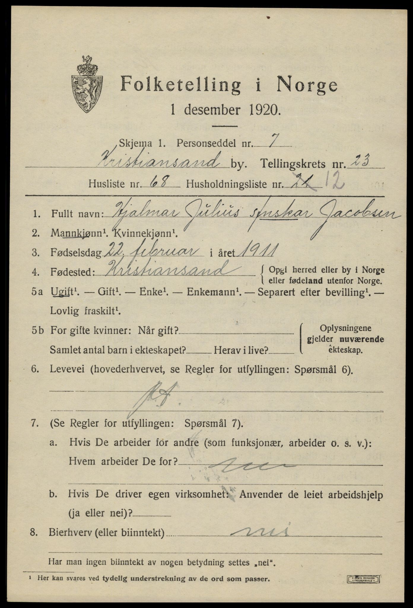 SAK, 1920 census for Kristiansand, 1920, p. 41661