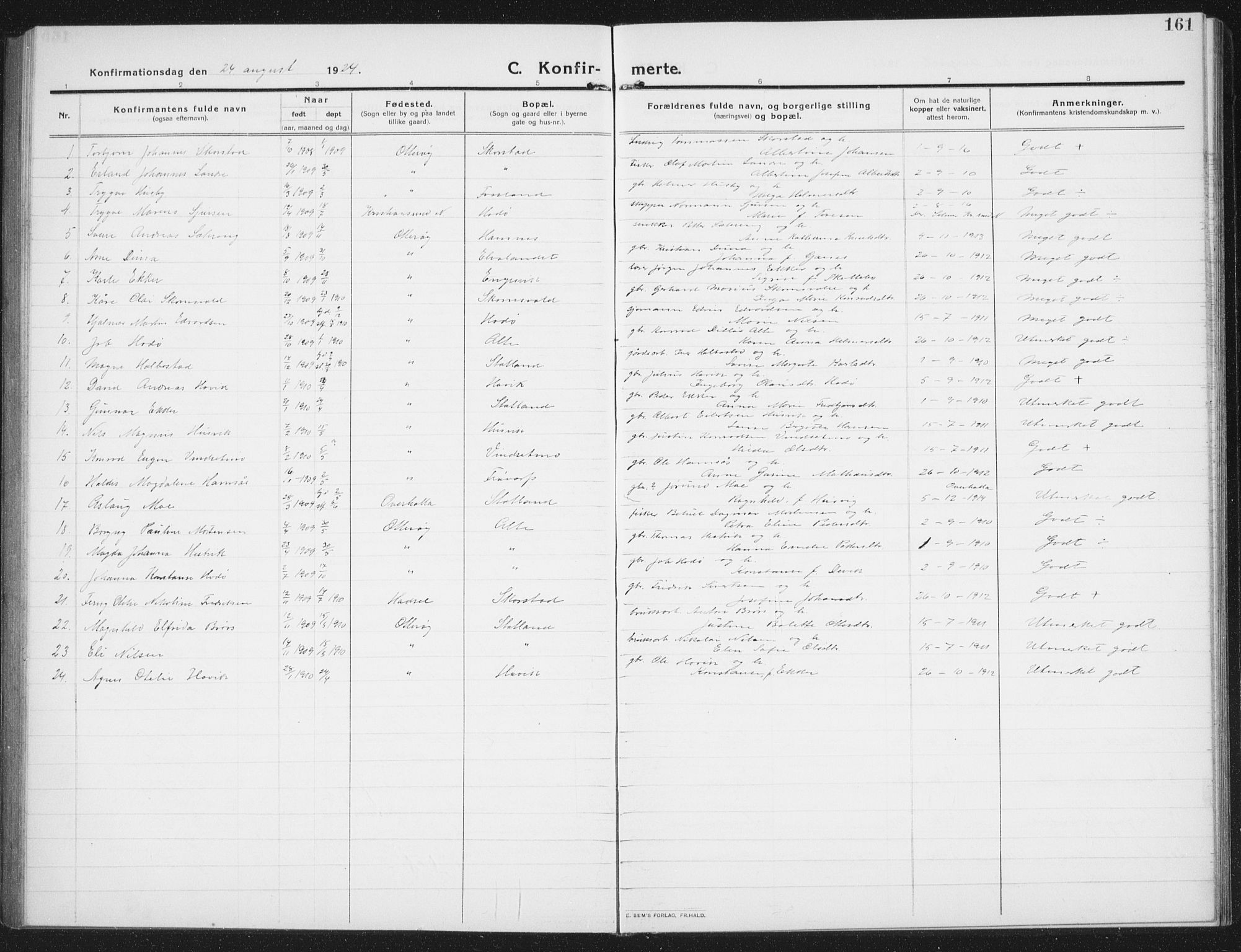 Ministerialprotokoller, klokkerbøker og fødselsregistre - Nord-Trøndelag, AV/SAT-A-1458/774/L0630: Parish register (copy) no. 774C01, 1910-1934, p. 161