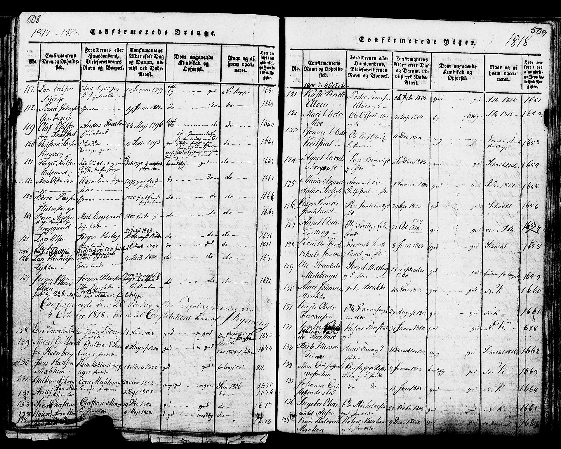 Ringsaker prestekontor, SAH/PREST-014/K/Ka/L0005: Parish register (official) no. 5, 1814-1826, p. 508-509