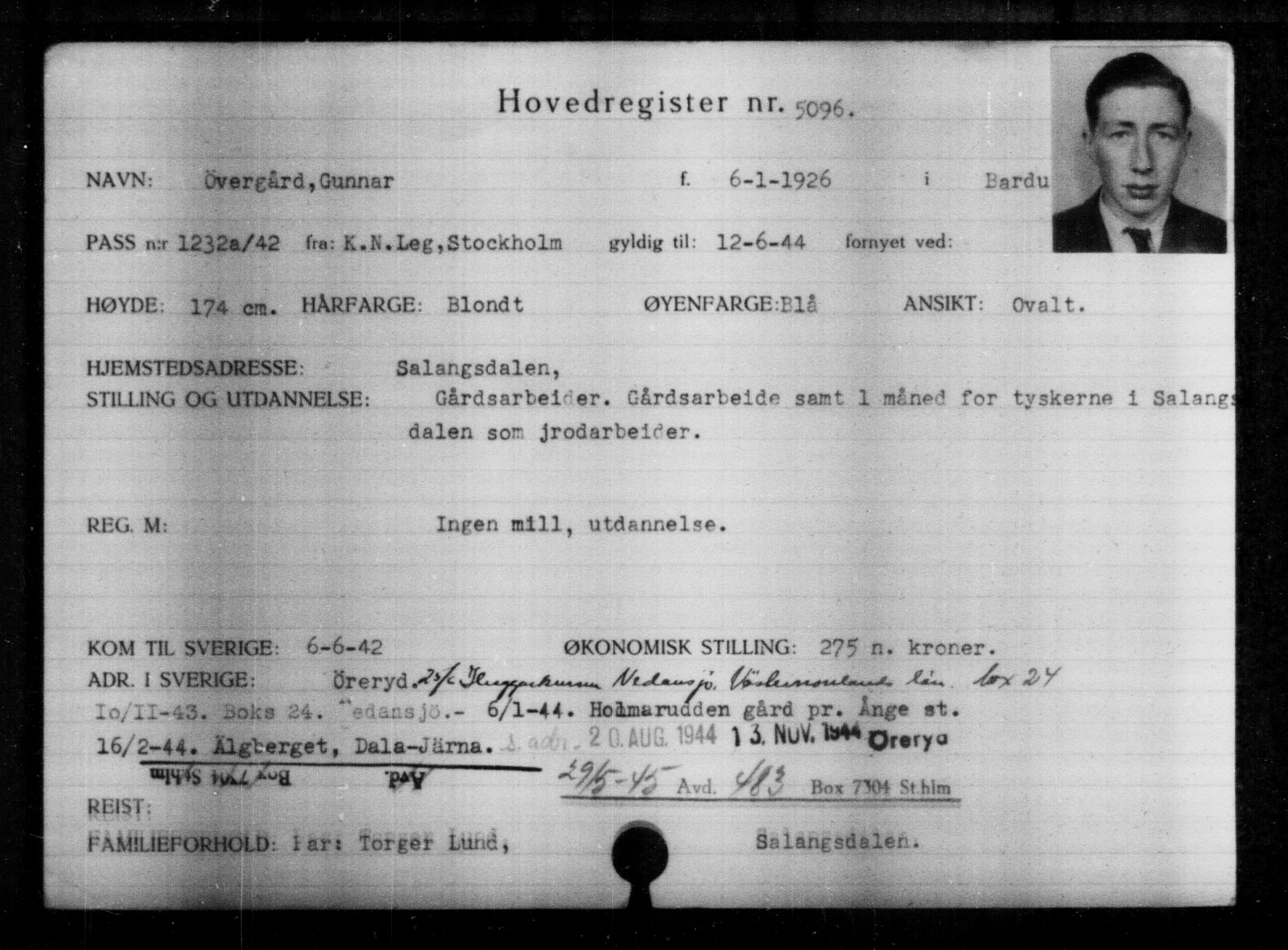 Utenriksstasjonene, Legasjonen i Stockholm, Flyktningkontoret, AV/RA-S-6753/V/Va/L0004: Kjesäterkartoteket, flyktninger med registreringsnr. 3496-6610, 1940-1945, p. 1889