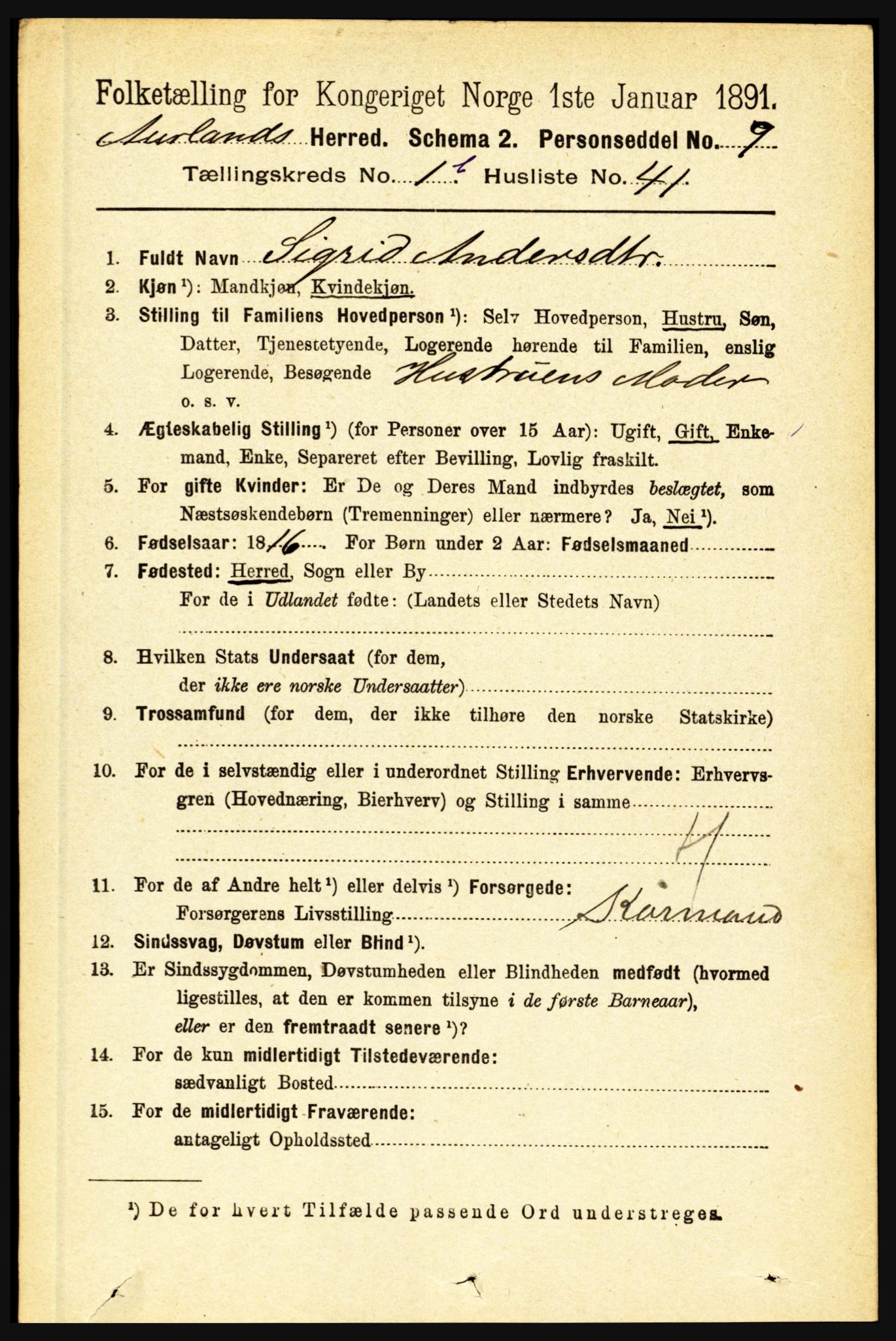 RA, 1891 census for 1421 Aurland, 1891, p. 407