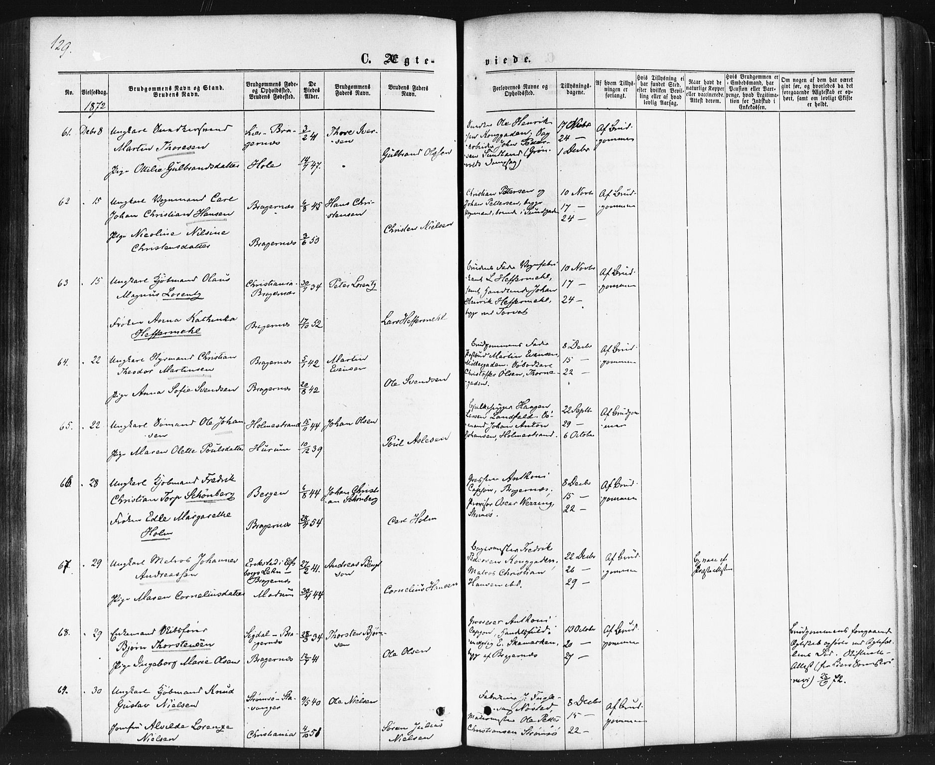 Bragernes kirkebøker, SAKO/A-6/F/Fc/L0003: Parish register (official) no. III 3, 1865-1874, p. 129
