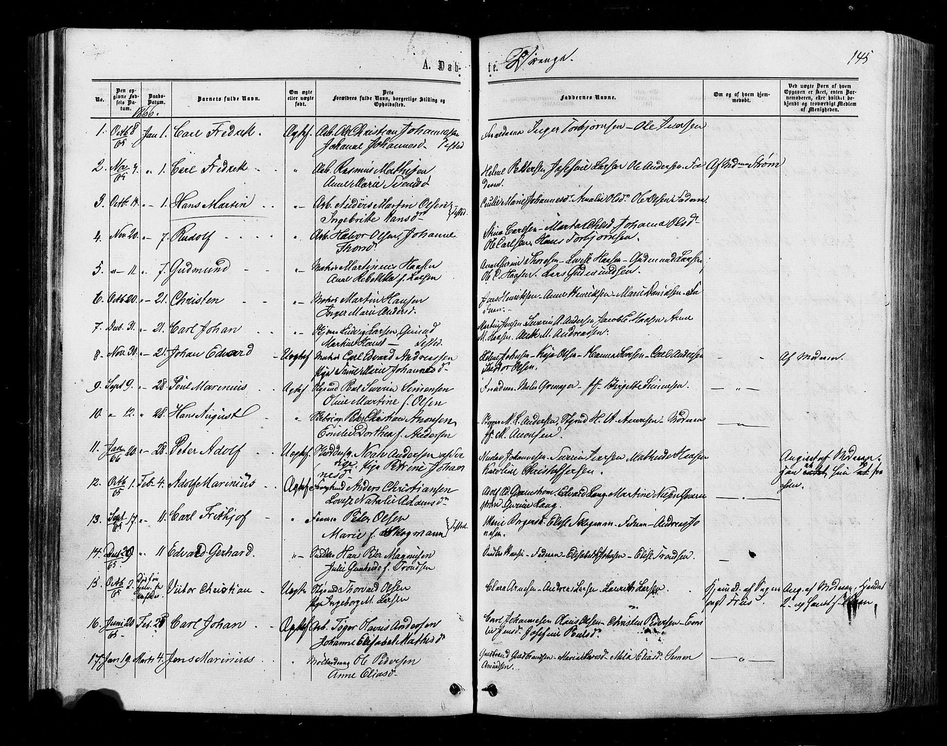 Halden prestekontor Kirkebøker, SAO/A-10909/F/Fa/L0009: Parish register (official) no. I 9, 1866-1877, p. 145