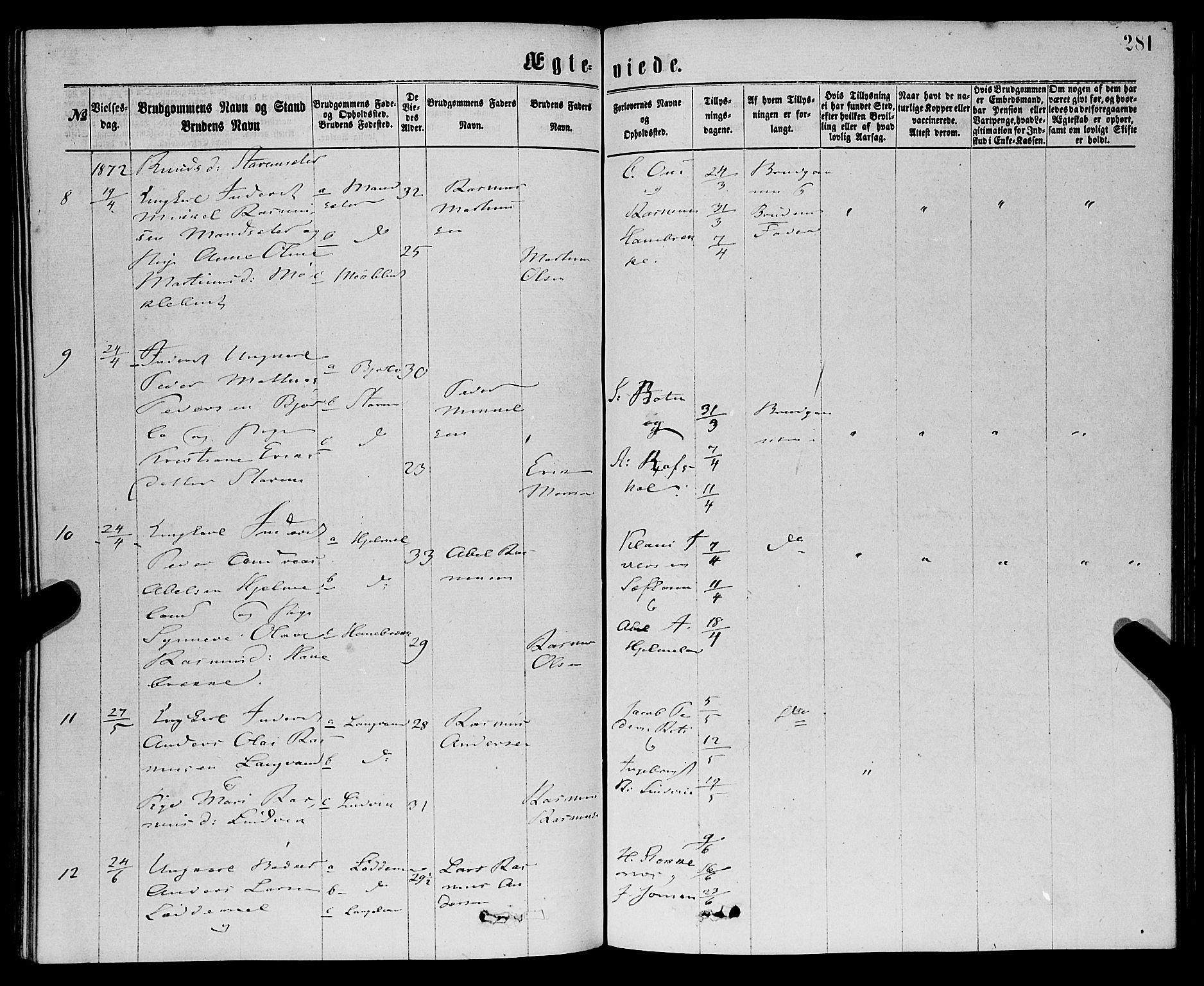 Eid sokneprestembete, AV/SAB-A-82301/H/Haa/Haaa/L0010: Parish register (official) no. A 10, 1867-1878, p. 281