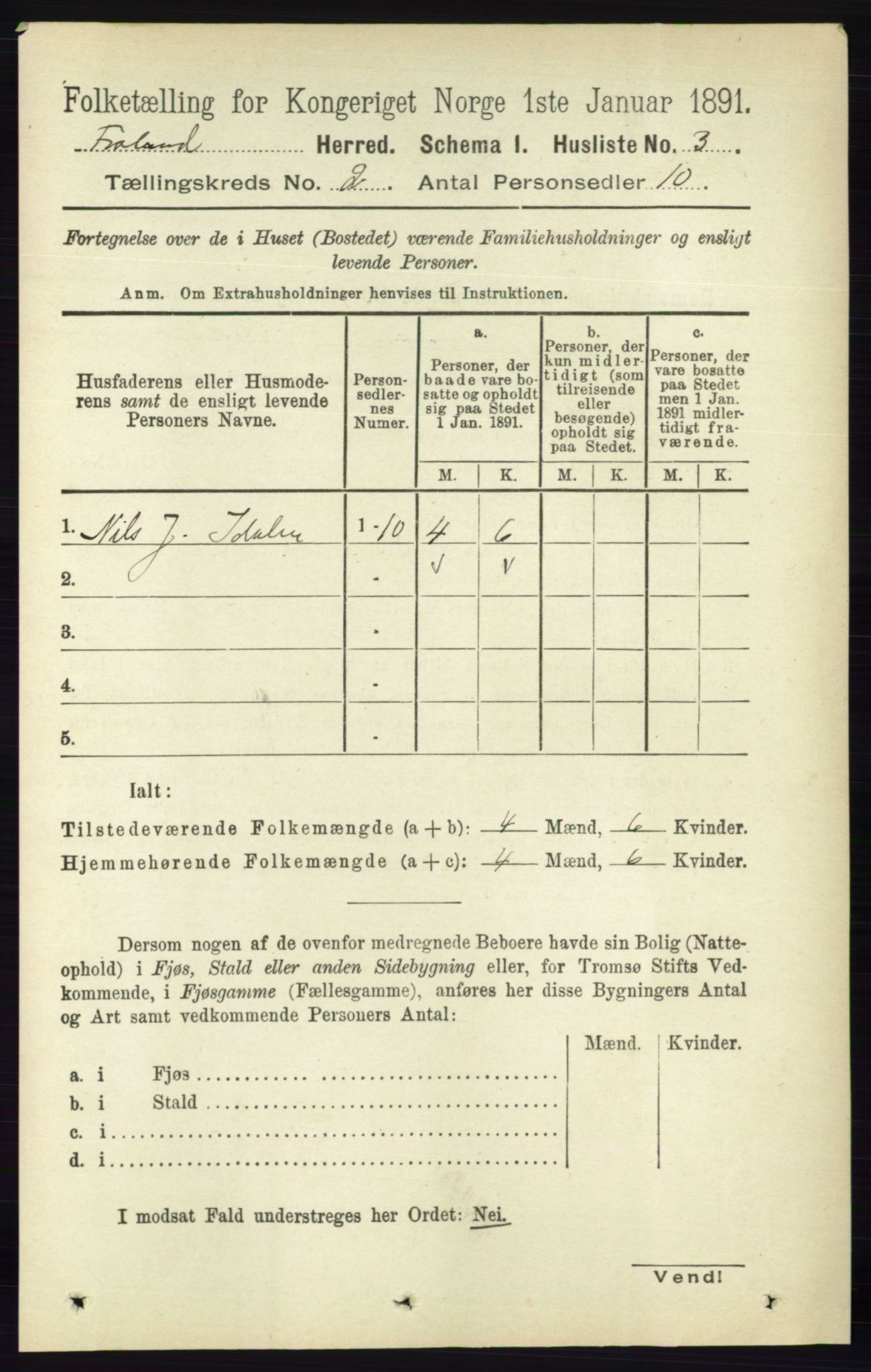 RA, 1891 census for 0919 Froland, 1891, p. 406