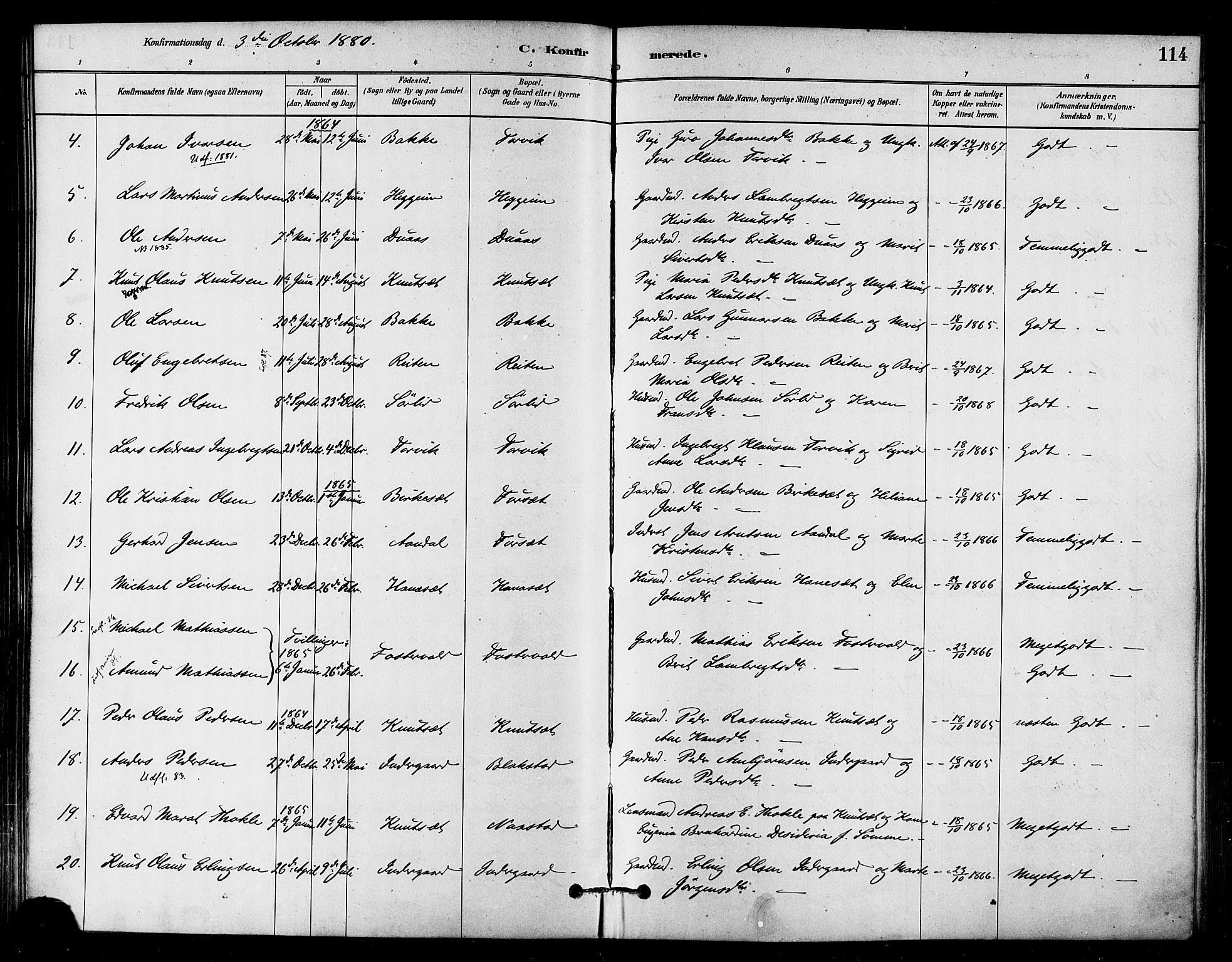 Ministerialprotokoller, klokkerbøker og fødselsregistre - Møre og Romsdal, AV/SAT-A-1454/584/L0967: Parish register (official) no. 584A07, 1879-1894, p. 114