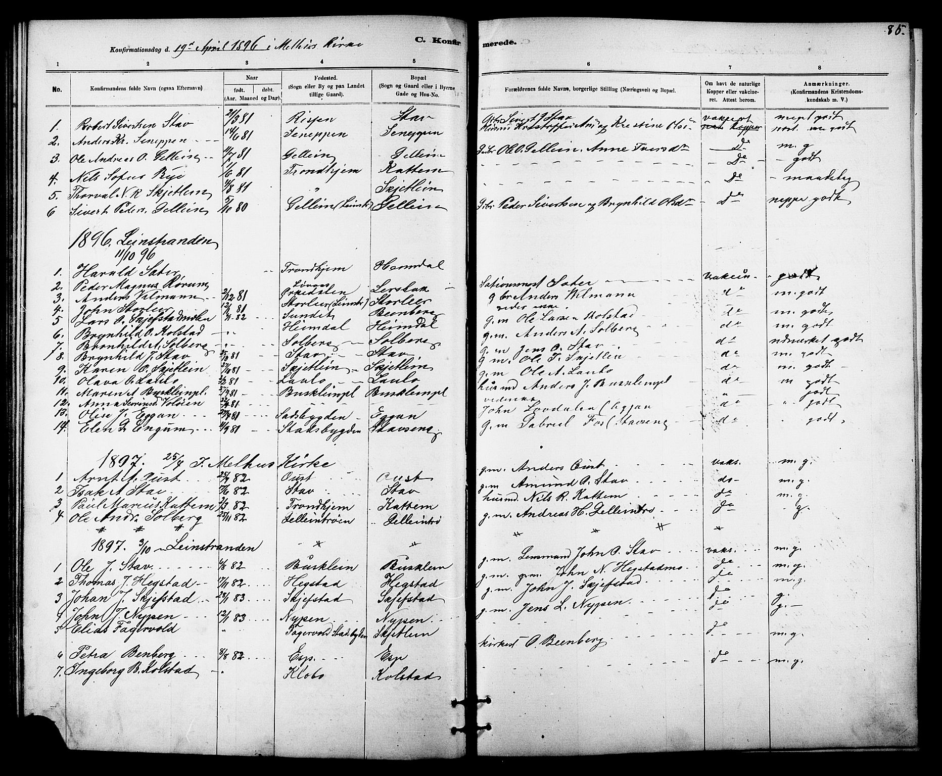 Ministerialprotokoller, klokkerbøker og fødselsregistre - Sør-Trøndelag, SAT/A-1456/613/L0395: Parish register (copy) no. 613C03, 1887-1909, p. 85