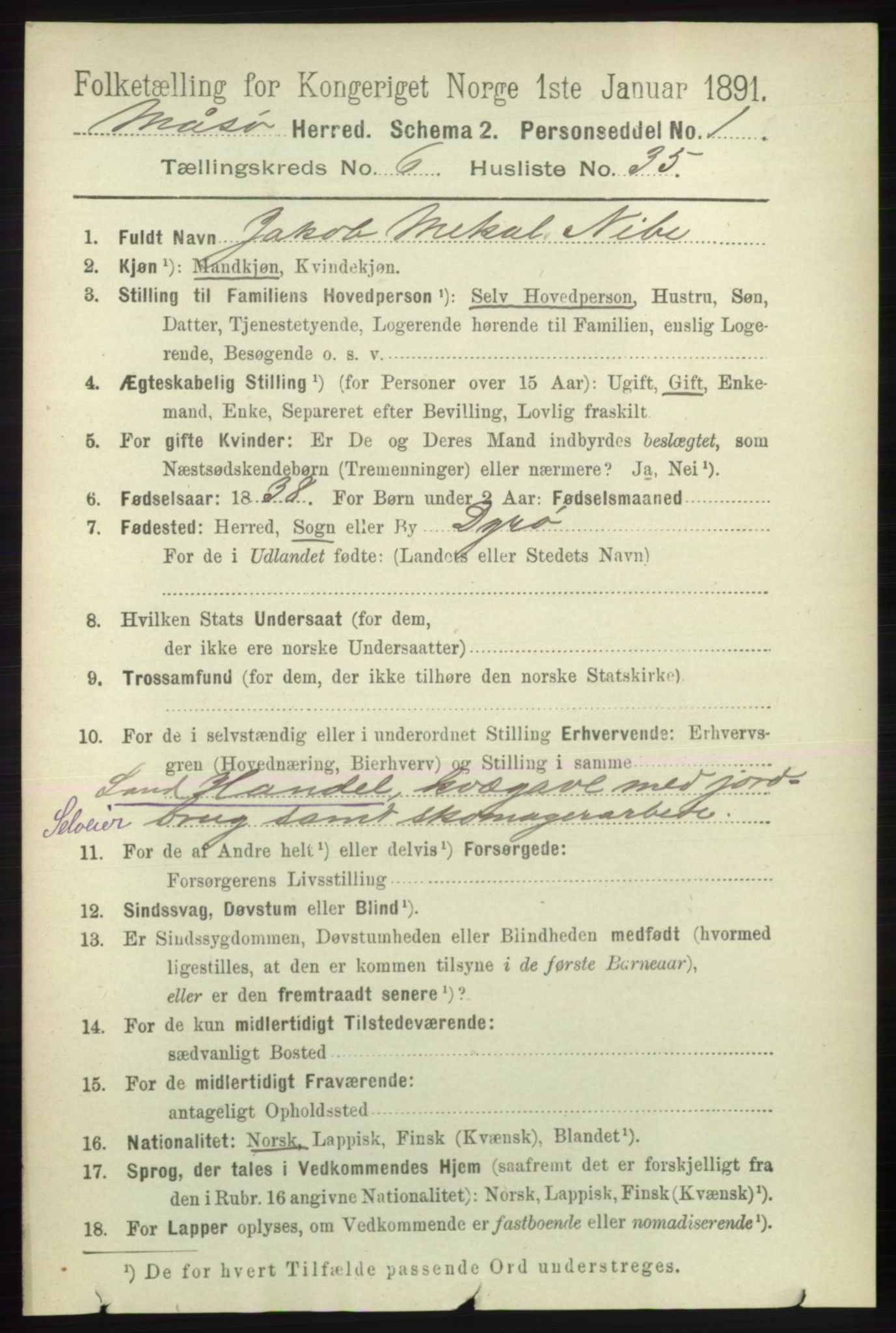 RA, 1891 census for 2018 Måsøy, 1891, p. 1320