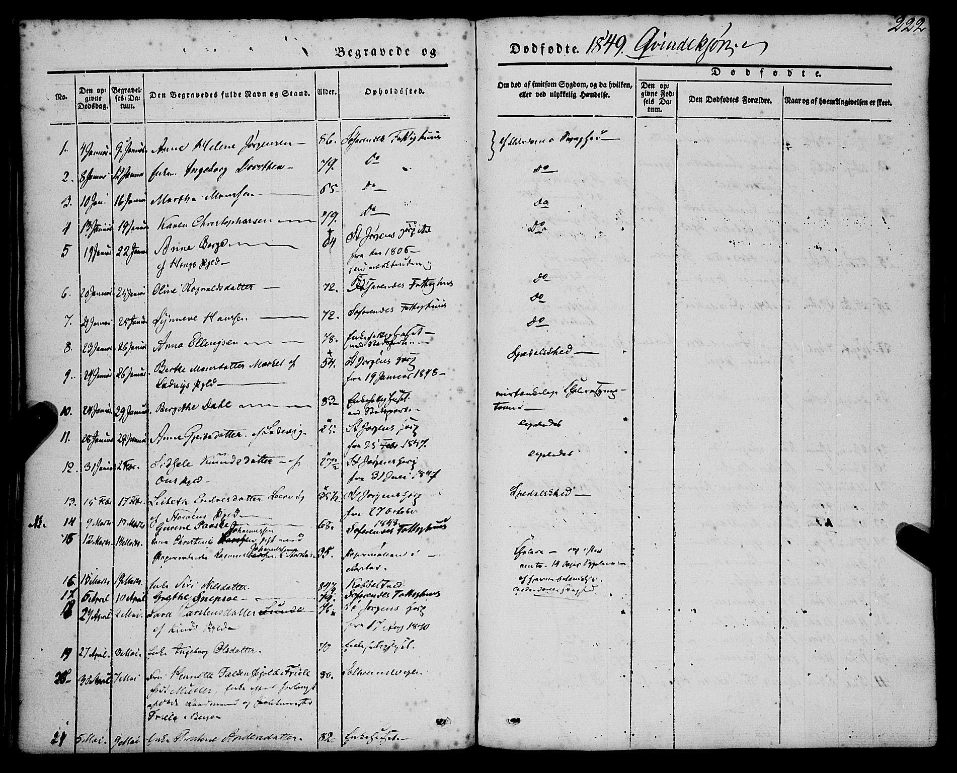 St. Jørgens hospital og Årstad sokneprestembete, AV/SAB-A-99934: Parish register (official) no. A 4, 1844-1863, p. 222