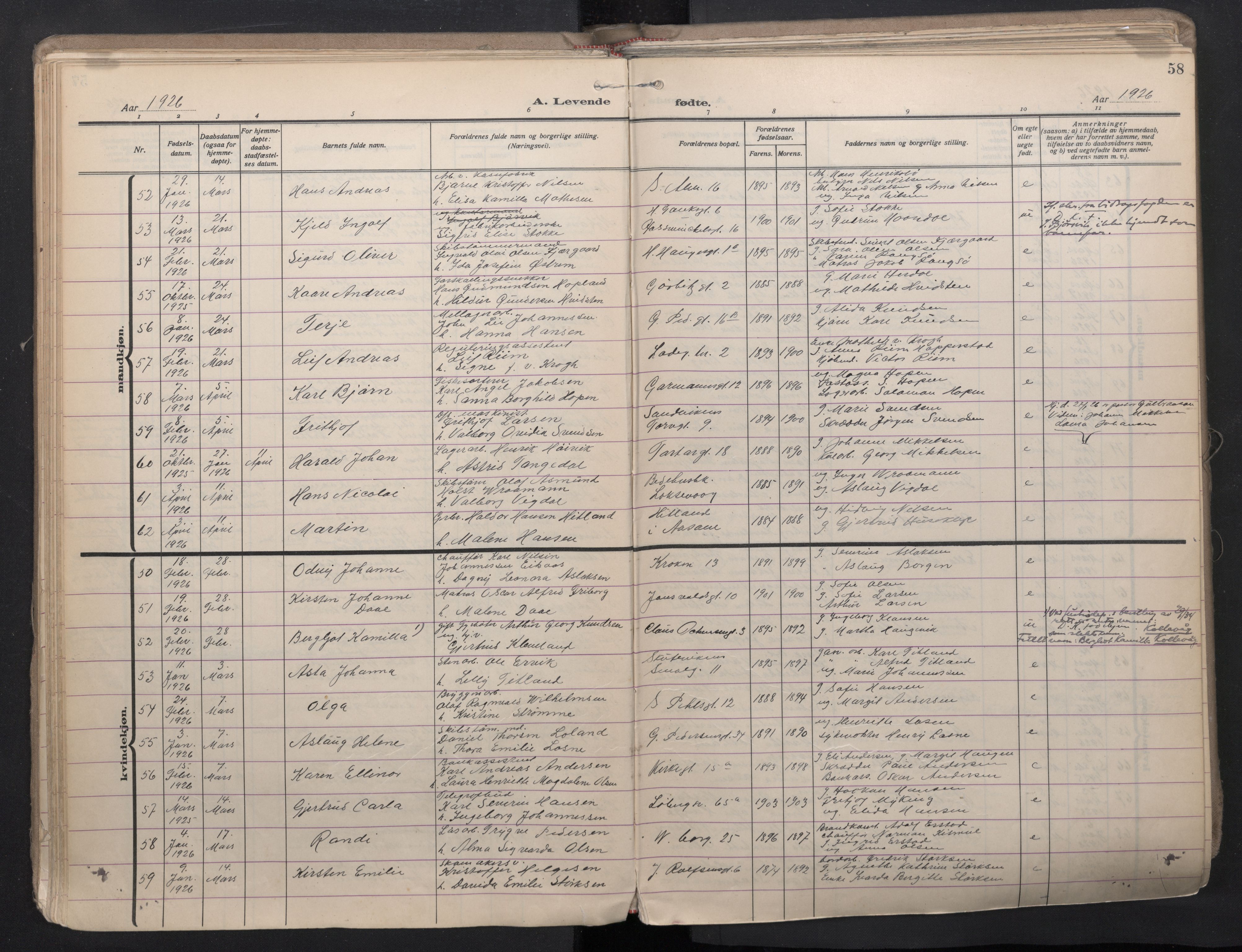 Sandviken Sokneprestembete, SAB/A-77601/H/Ha/L0008: Parish register (official) no. B 5, 1924-1944, p. 58