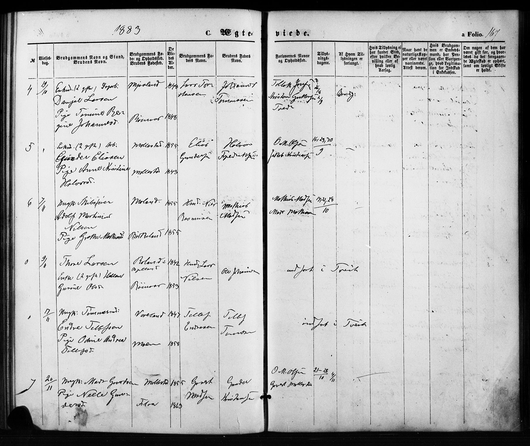 Birkenes sokneprestkontor, SAK/1111-0004/F/Fb/L0003: Parish register (copy) no. B 3, 1876-1892, p. 167