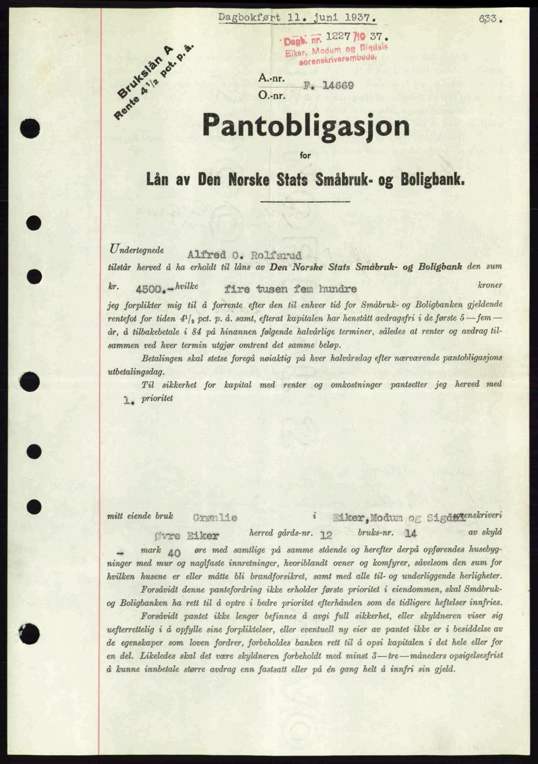 Eiker, Modum og Sigdal sorenskriveri, SAKO/A-123/G/Ga/Gab/L0035: Mortgage book no. A5, 1937-1937, Diary no: : 1227/1937
